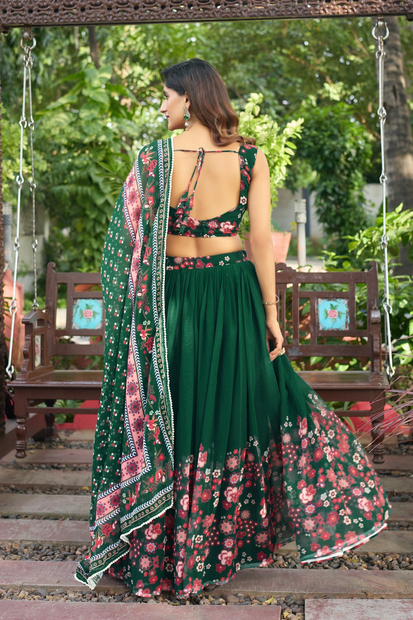 Emerald Green Floral Printed Lehenga Choli Set with Designer Dupatta