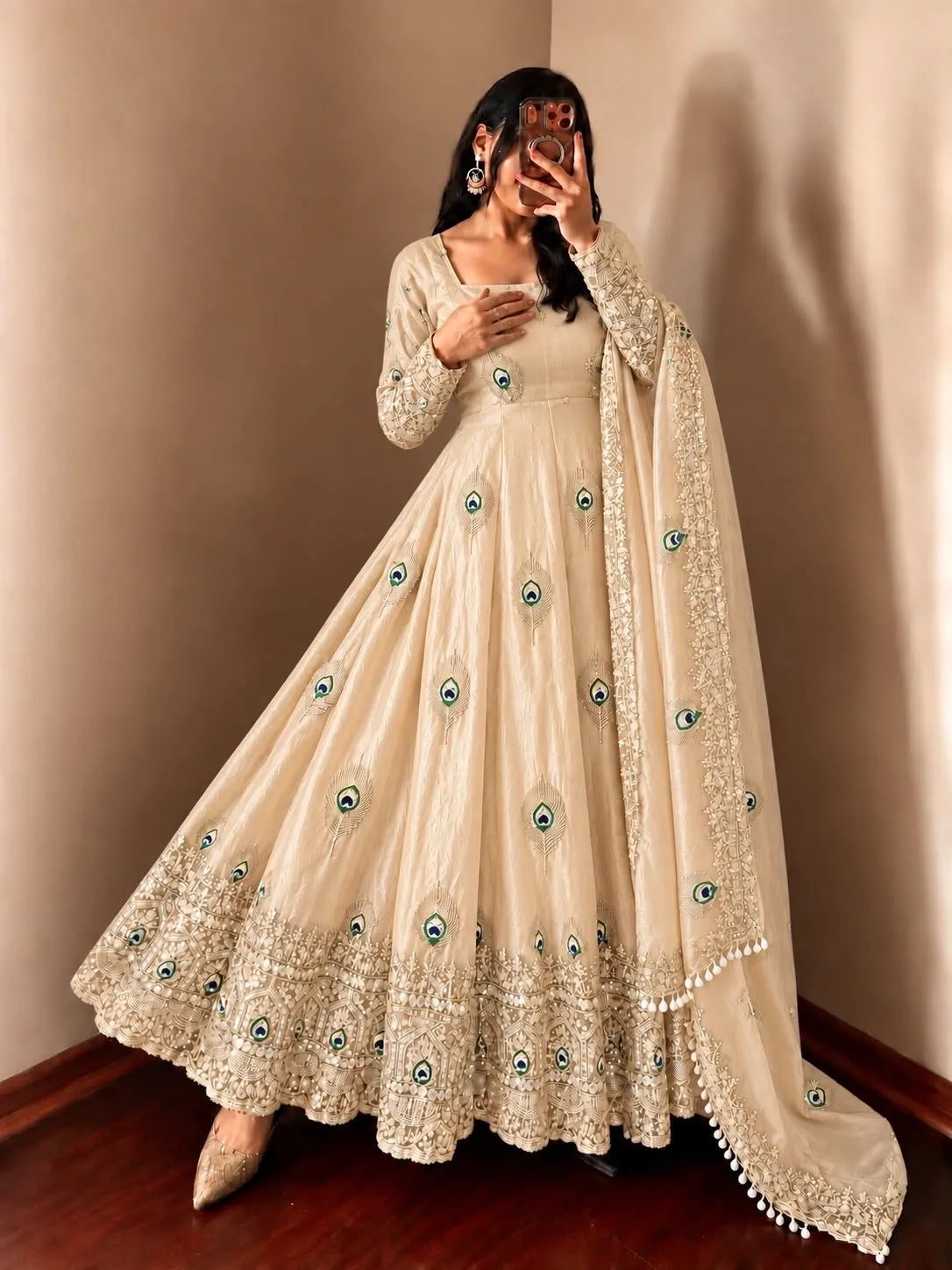 beige embroidered anarkali