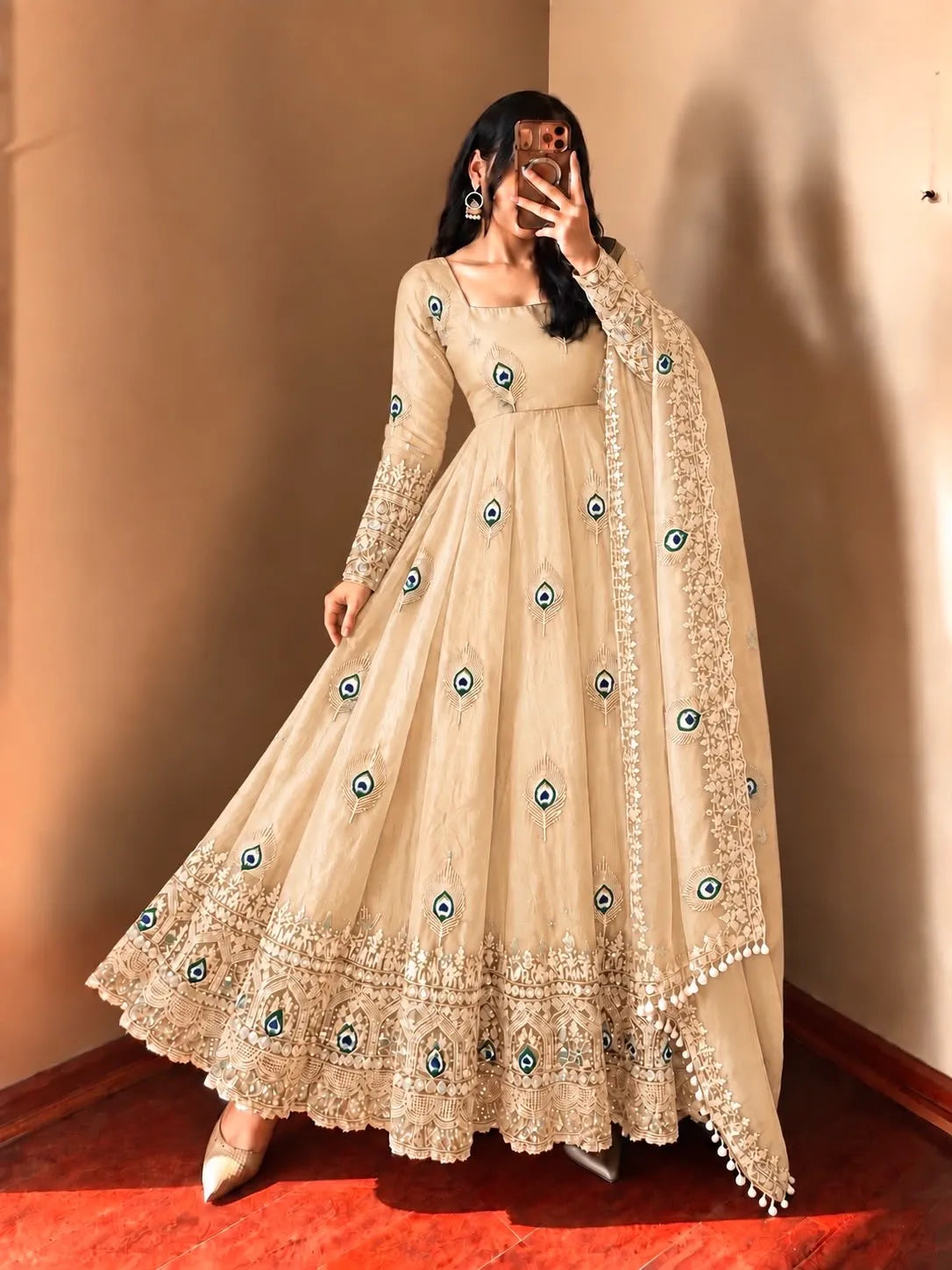 beige fendy silk anarkali