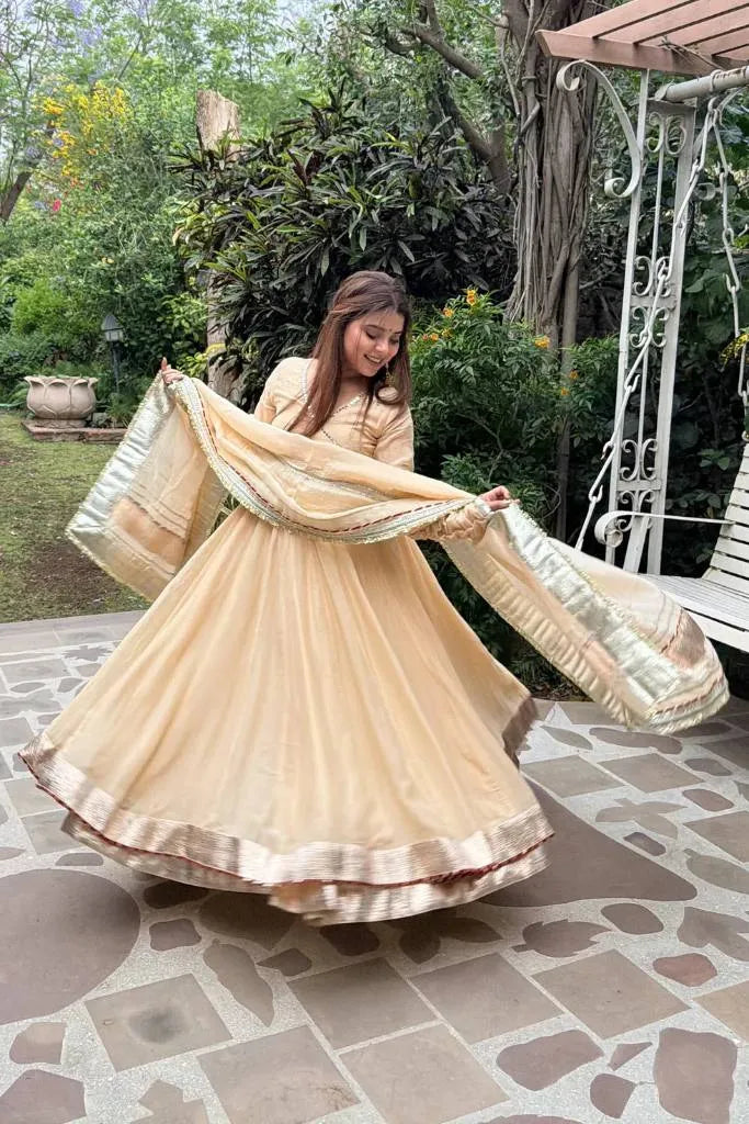 beige organza lehenga set