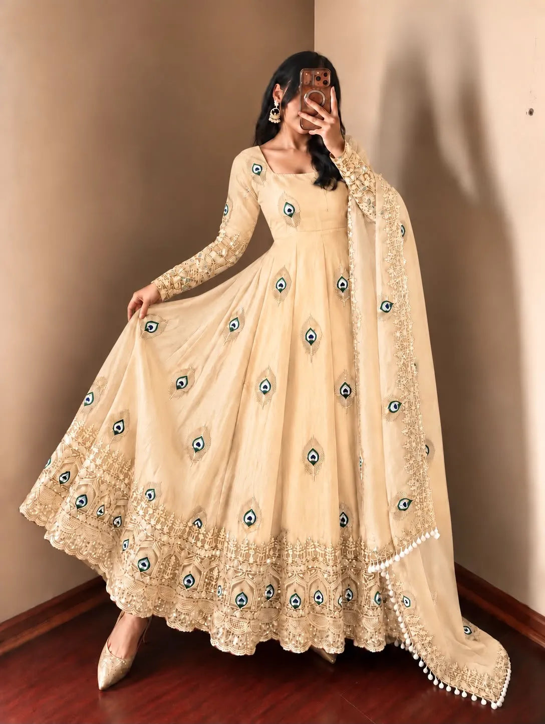 beige fendy silk anarkali