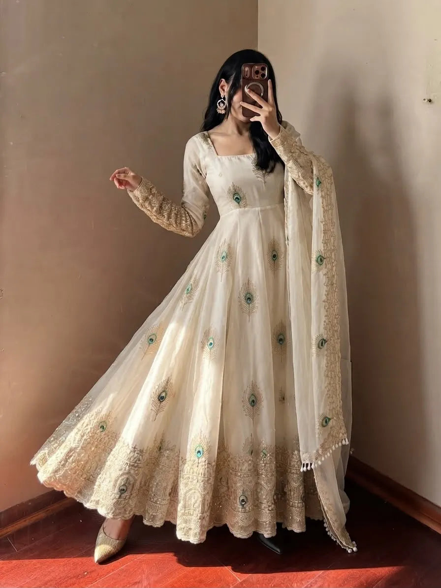 beige peacock motif suit