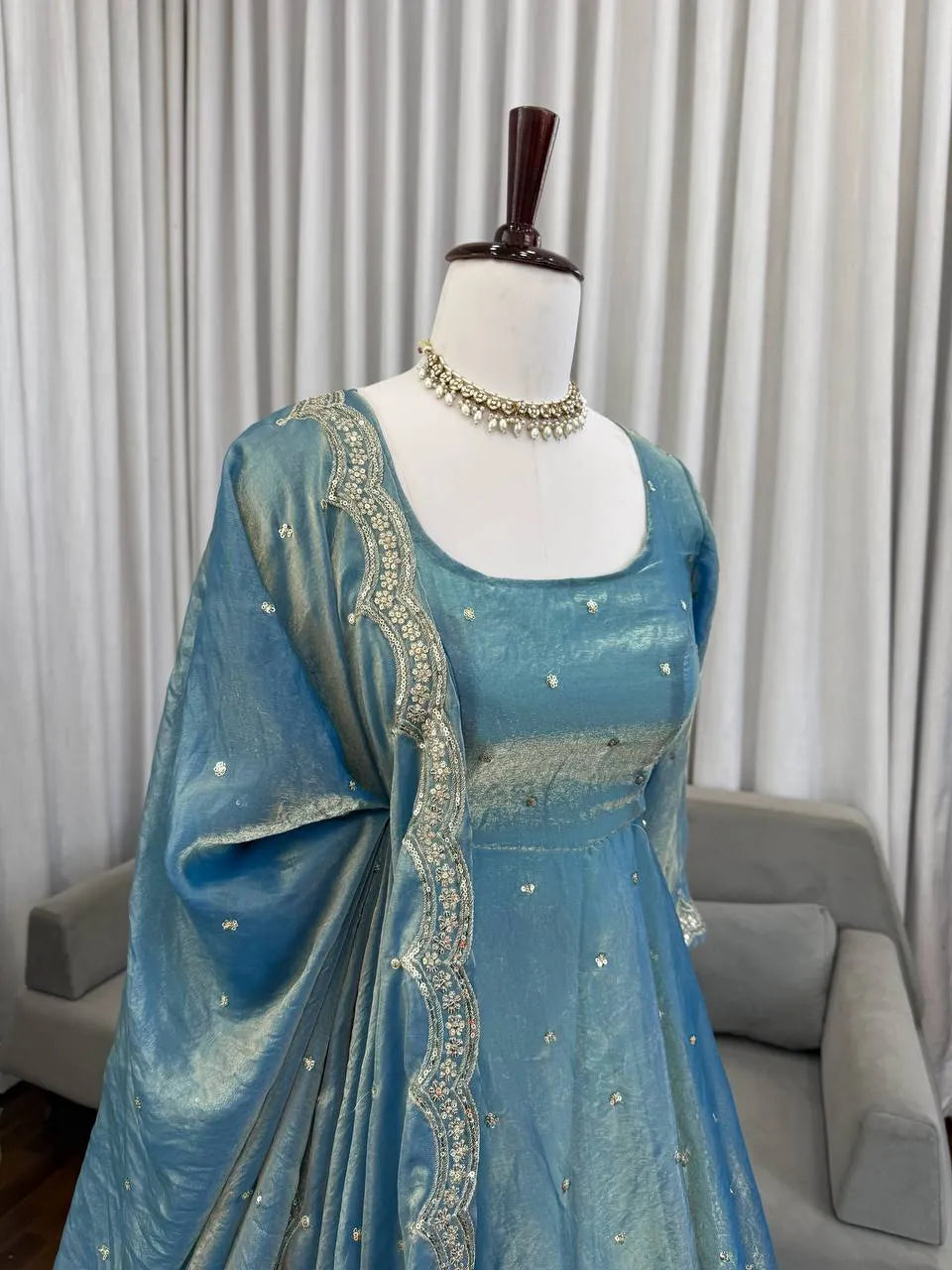 blue fendy silk anarkali set