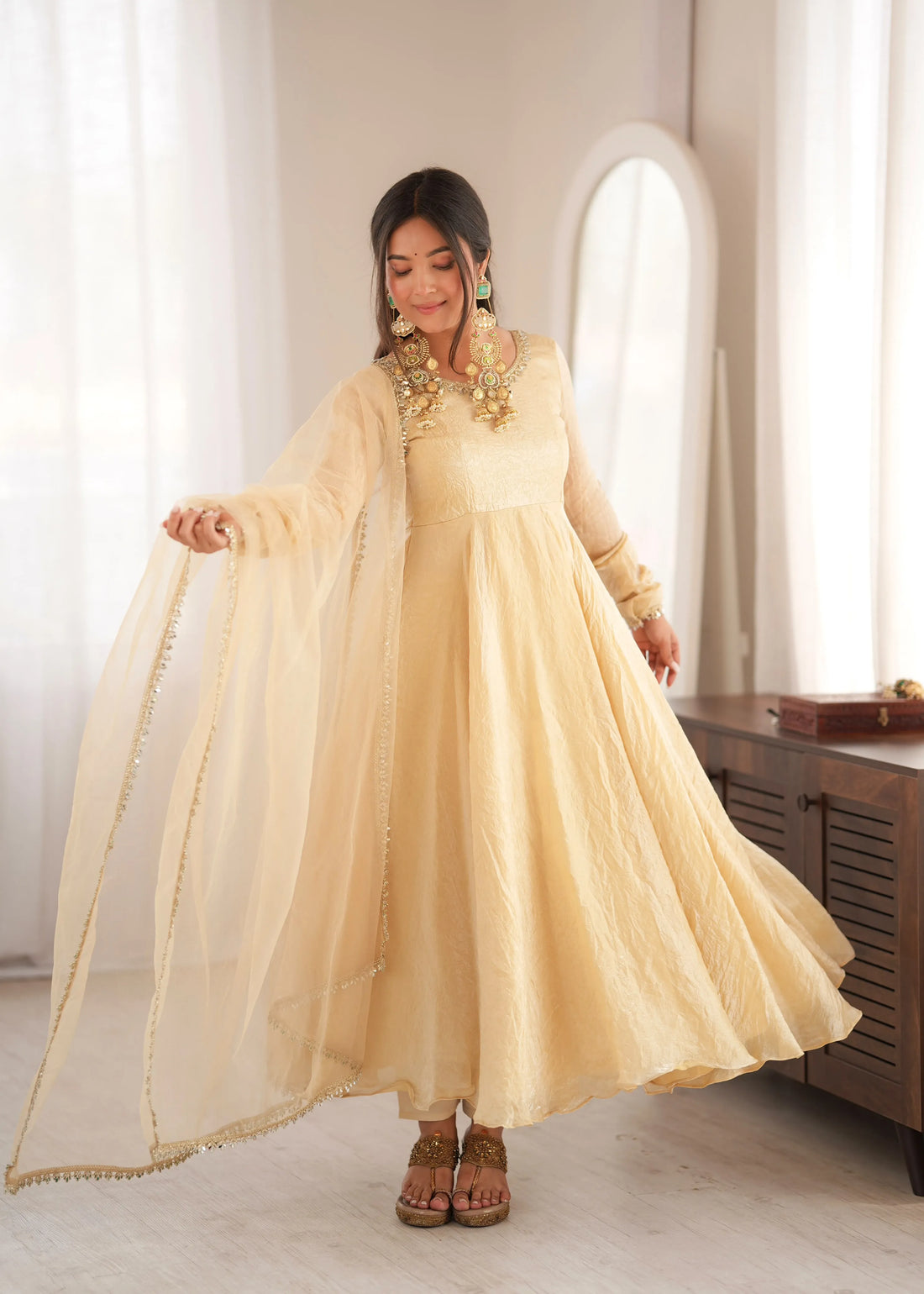cream mirror anarkali set