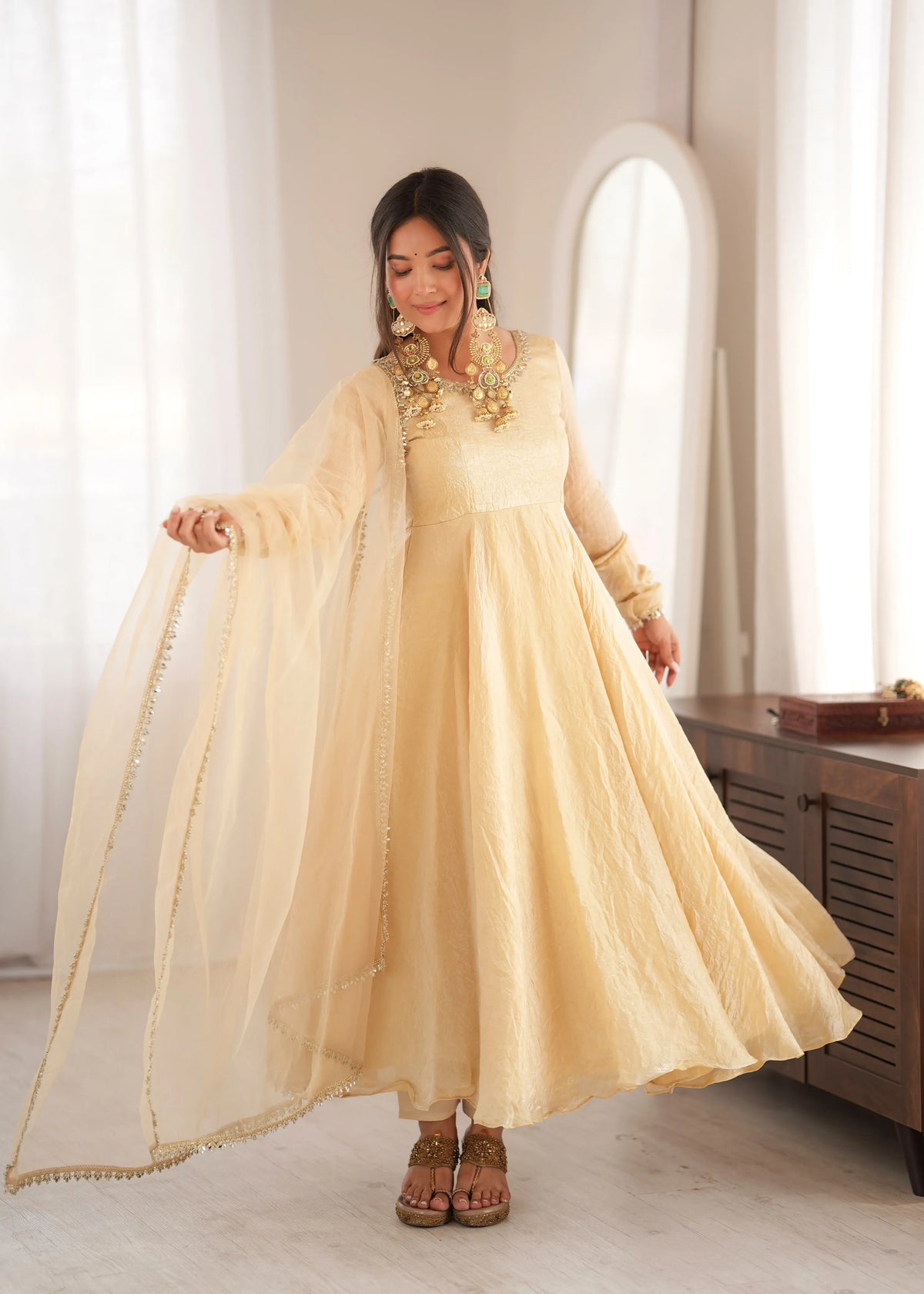 cream mirror anarkali set