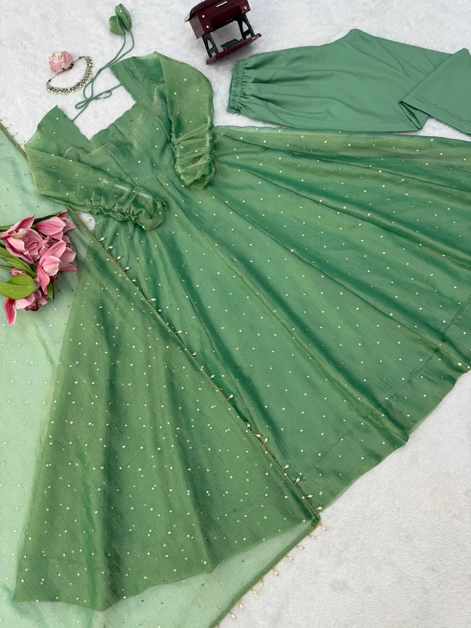 green anarkali pant set