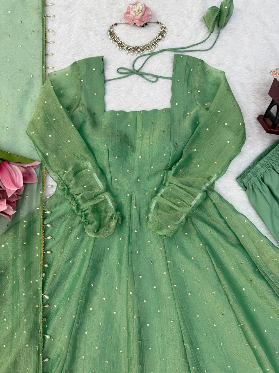 green designer anarkali