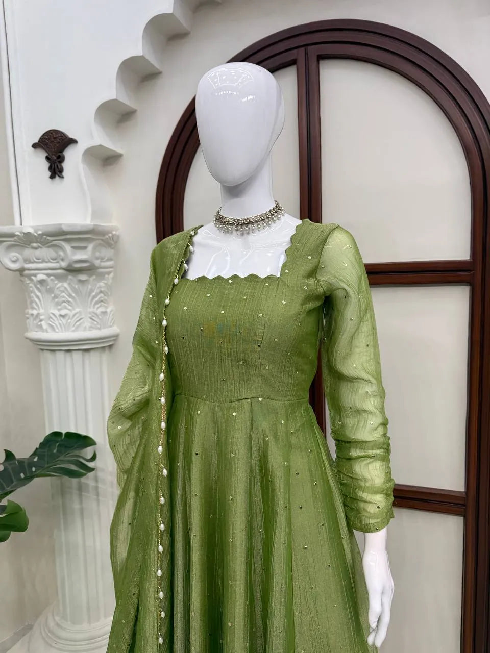 green flared anarkali set