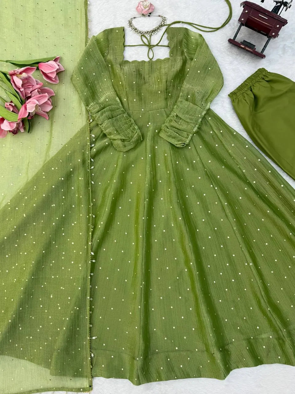 green foil work silk anarkali