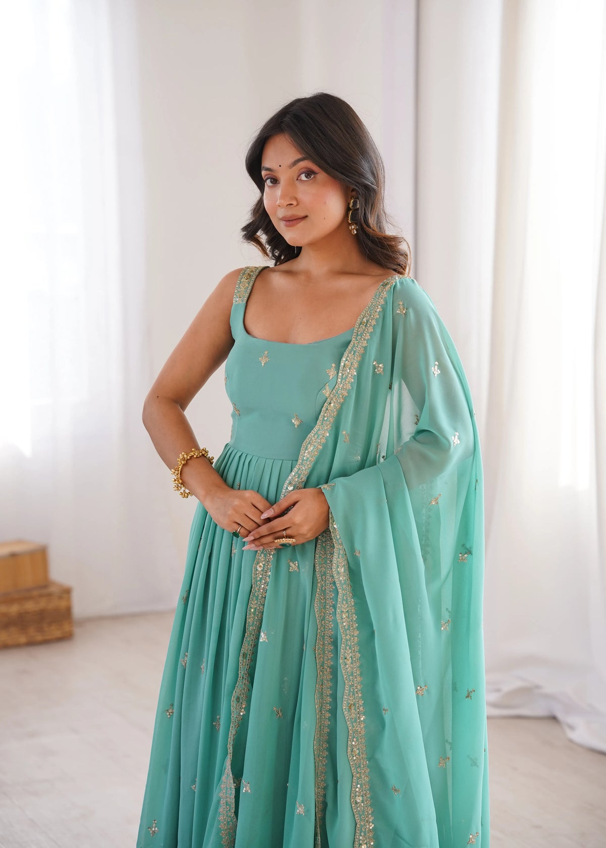 green georgette anarkali suit