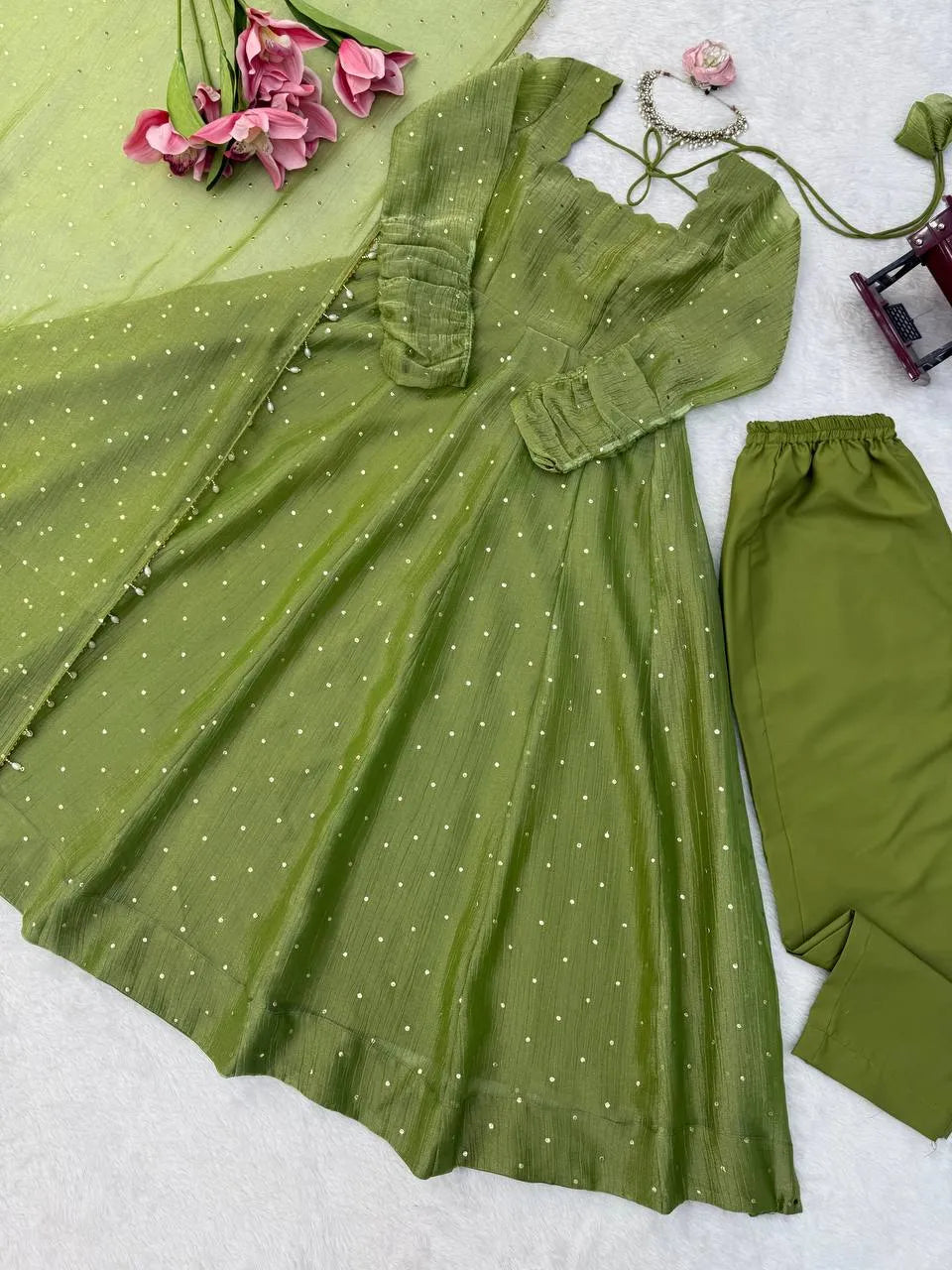 green party wear anarkali