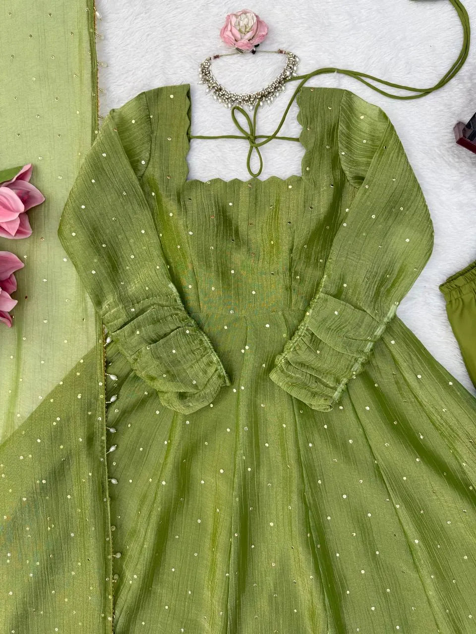 green silk festive anarkali
