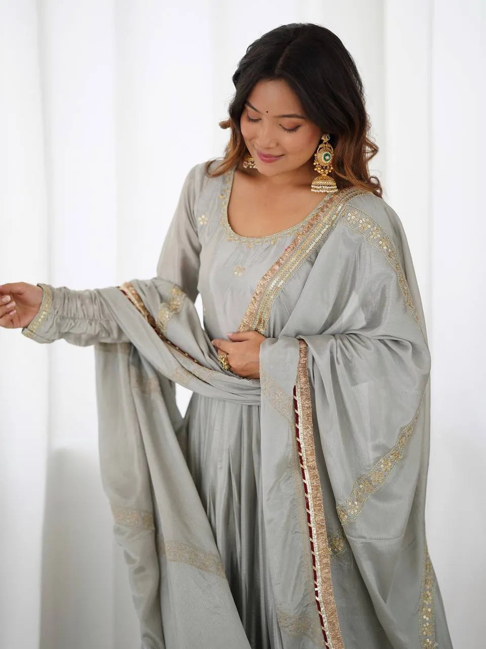 grey chinon anarkali set