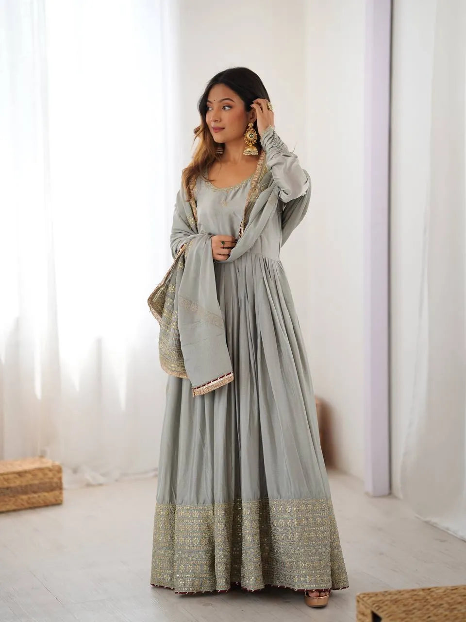 grey sequin anarkali set
