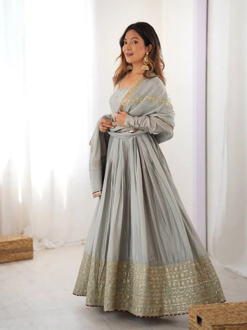 grey thread work anarkali