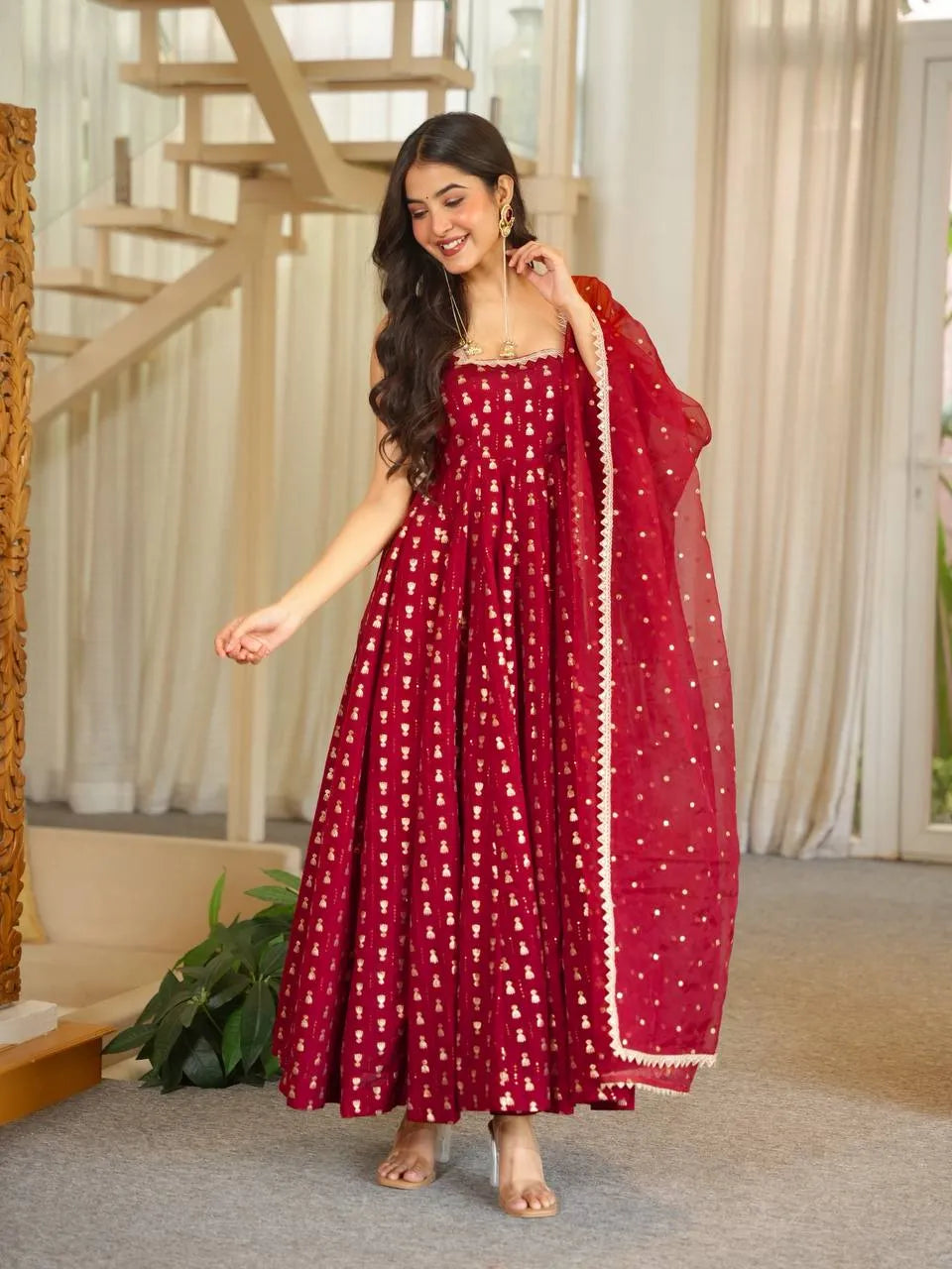 maroon butti anarkali set