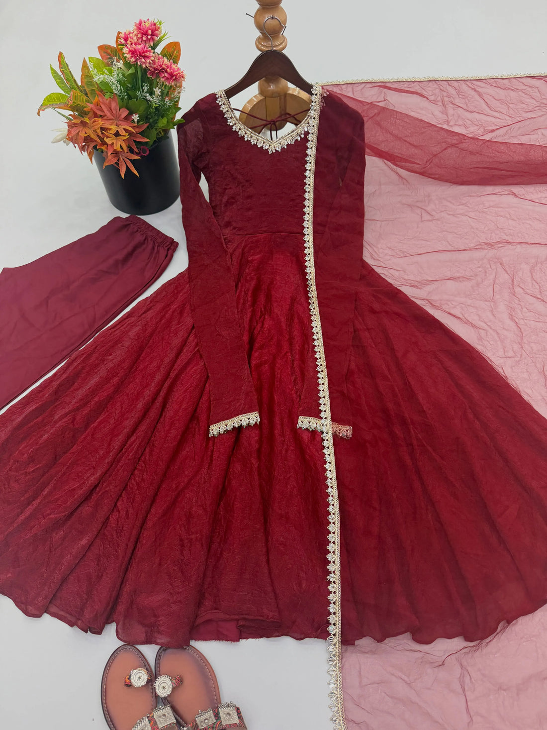 maroon mirror anarkali set