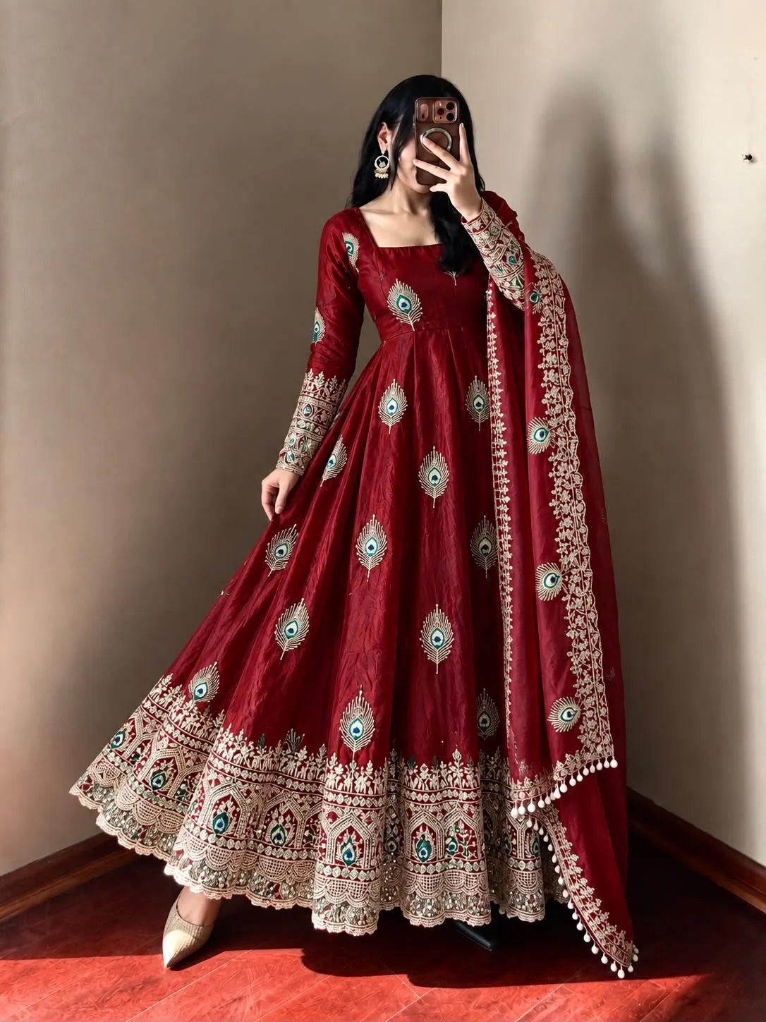 maroon fendy silk anarkali