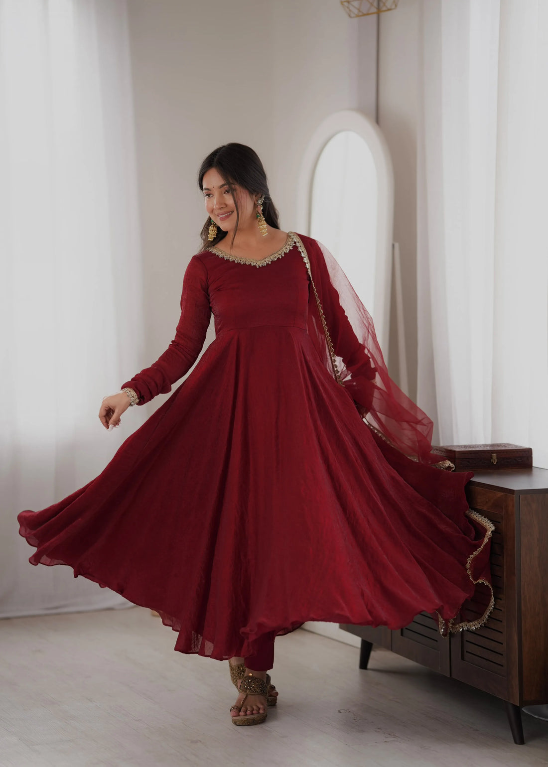 maroon mirror anarkali set