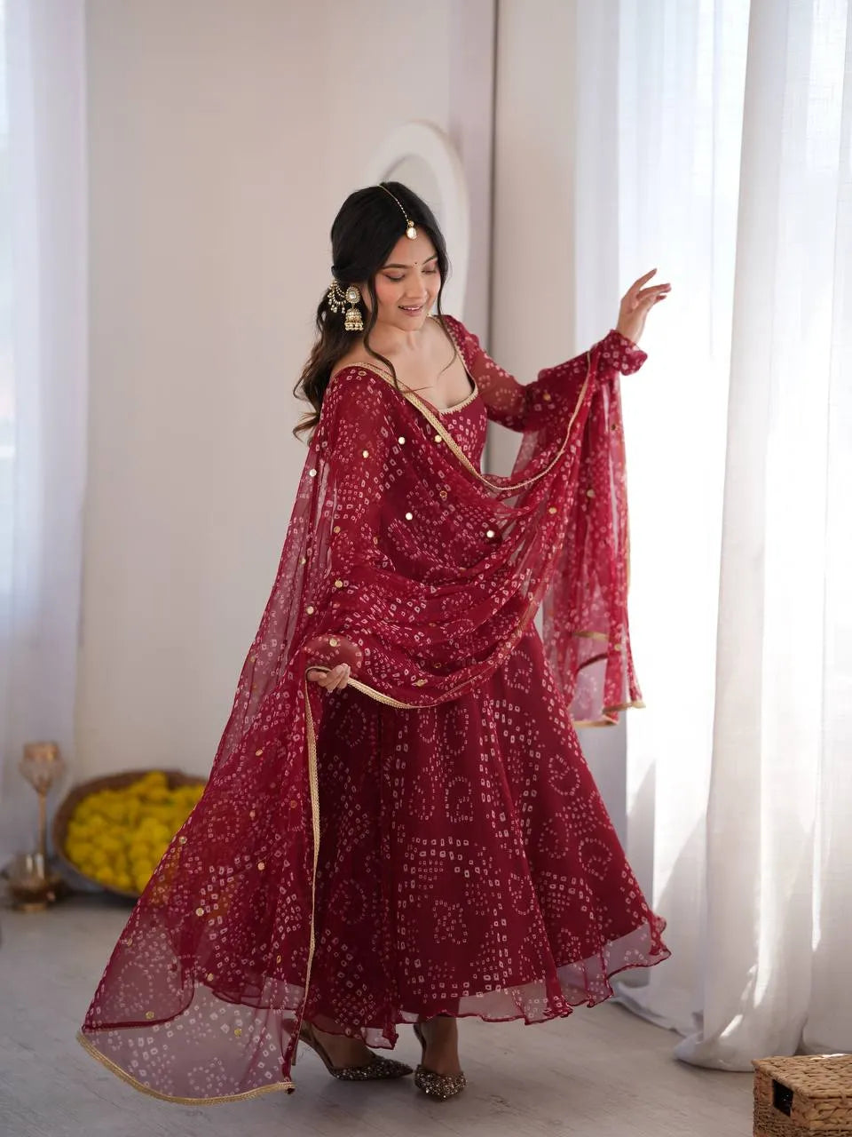 maroon bandhani anarkali