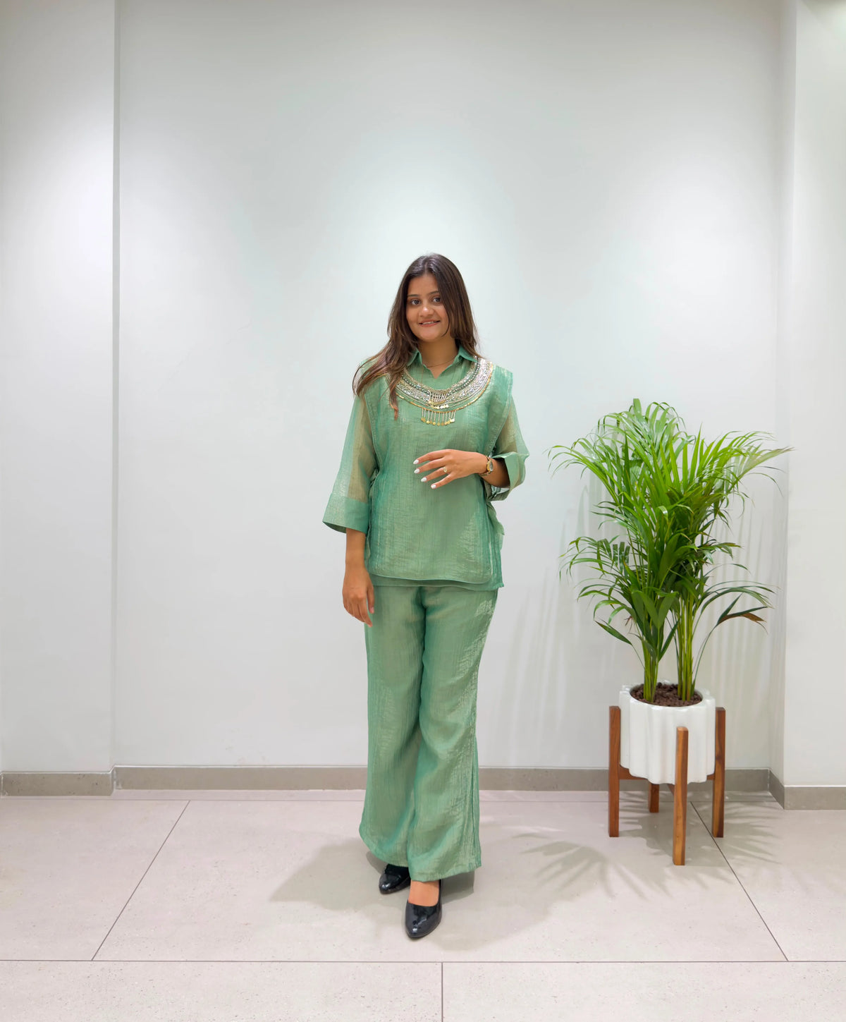 mint green silk coord set