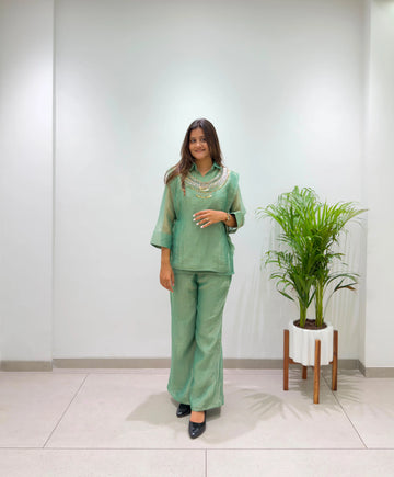 mint green silk coord set