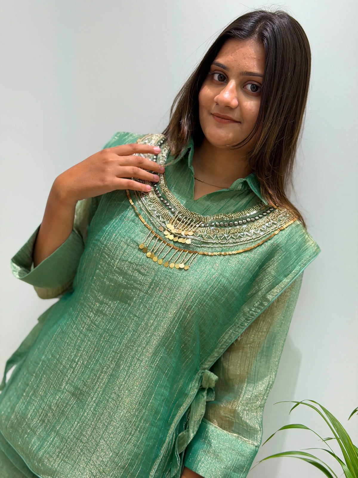 mint silk shirt pant set