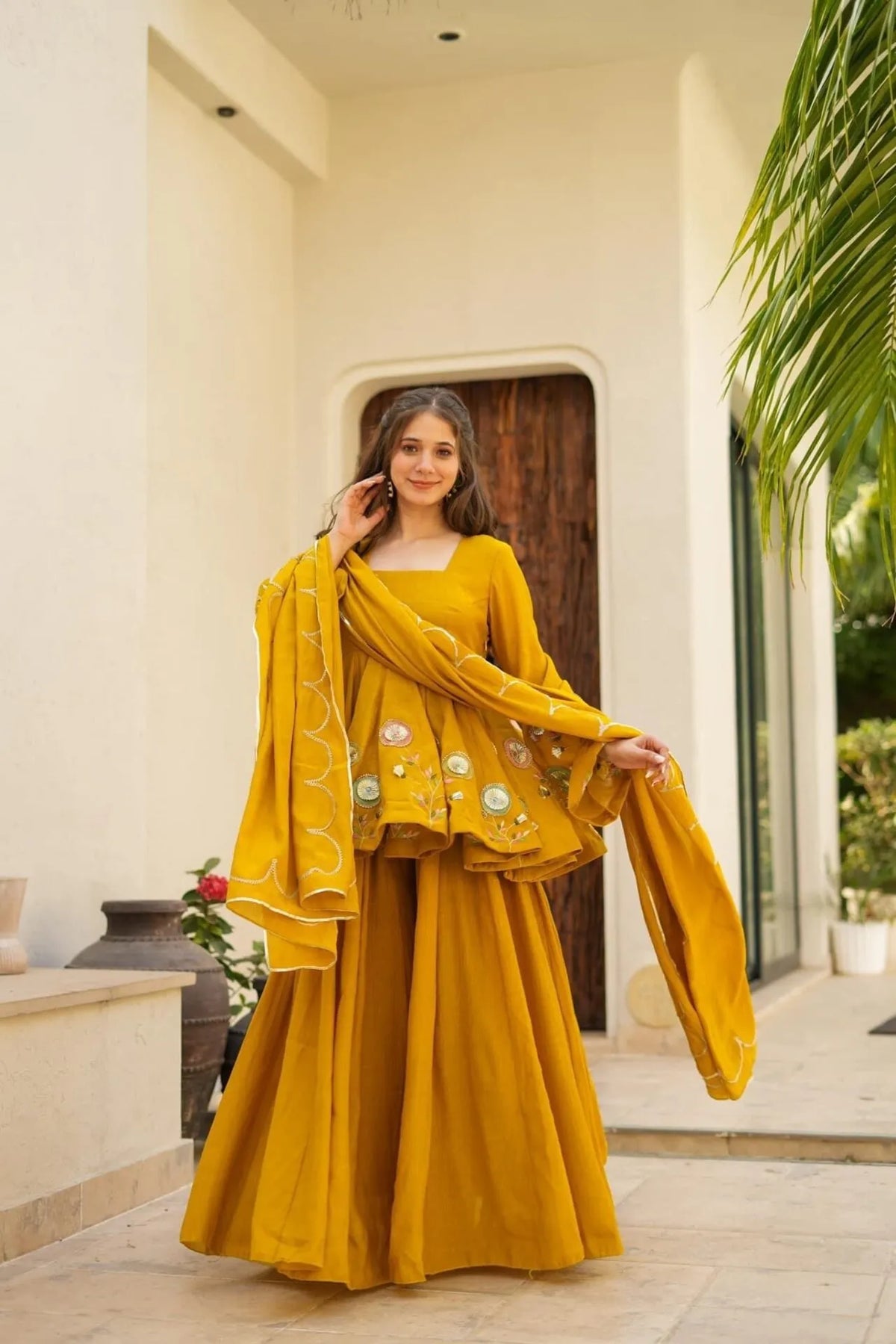 mustard chinon peplum set