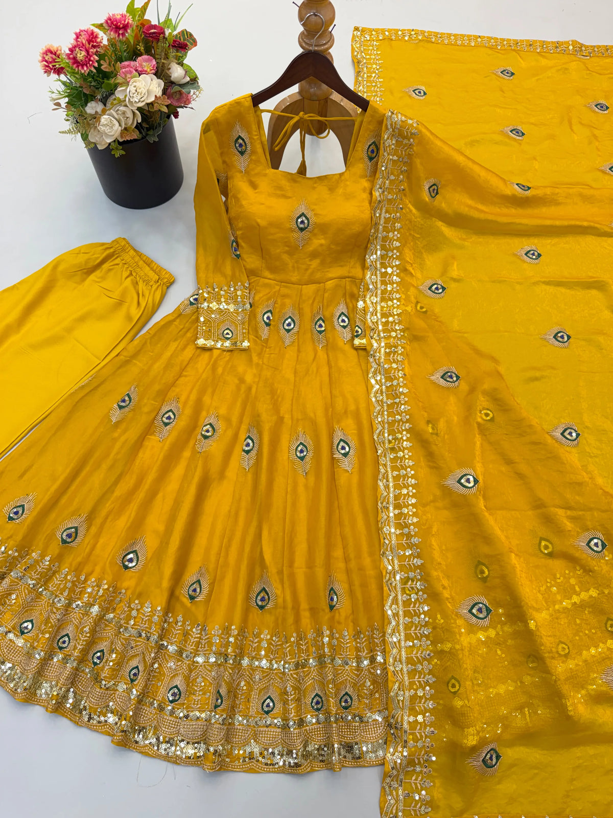 mustard peacock anarkali