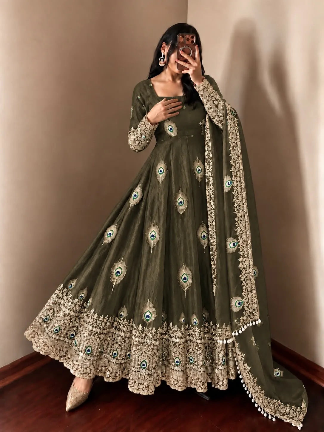 olive green anarkali set online