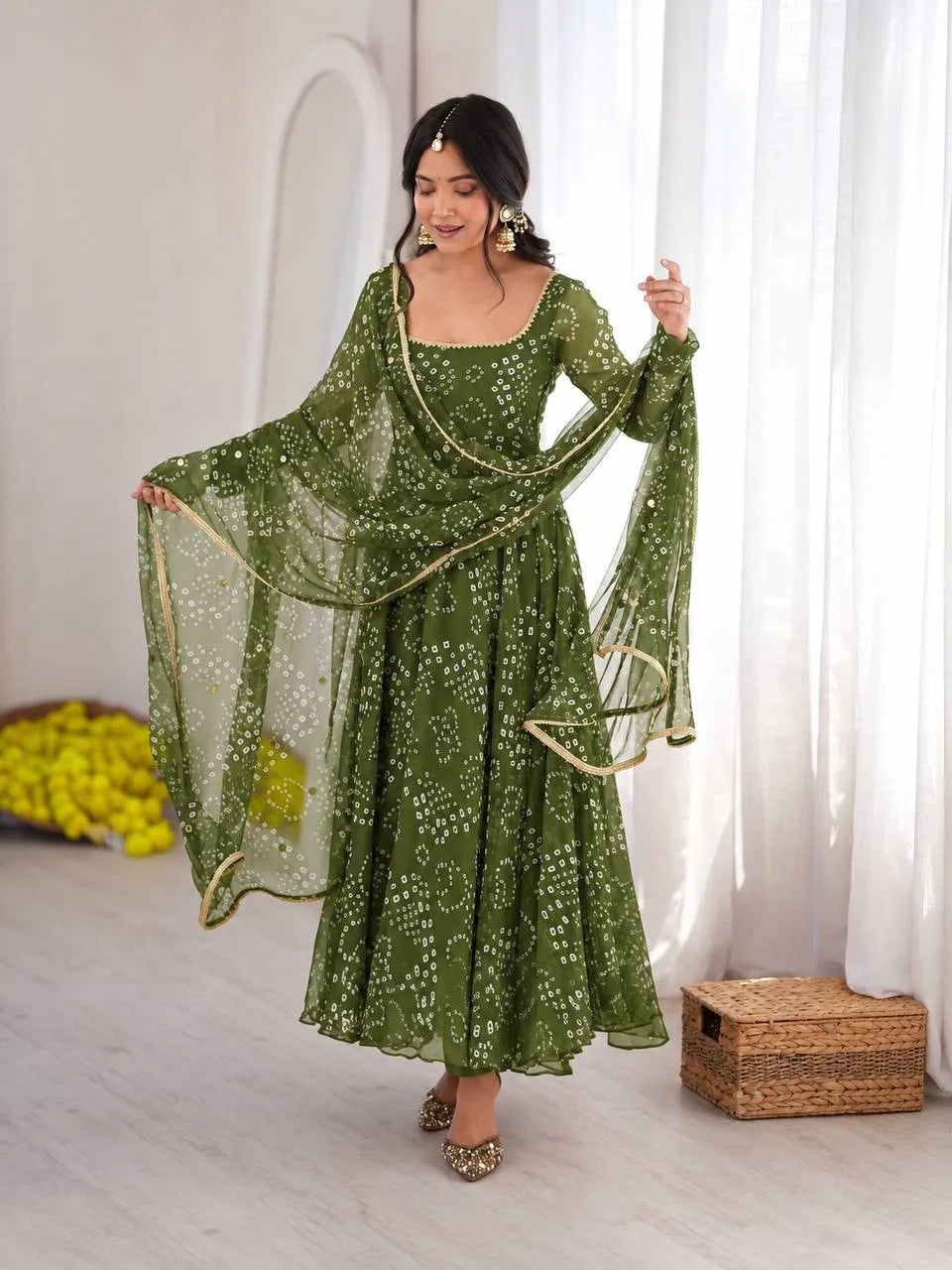 olive green anarkali suit