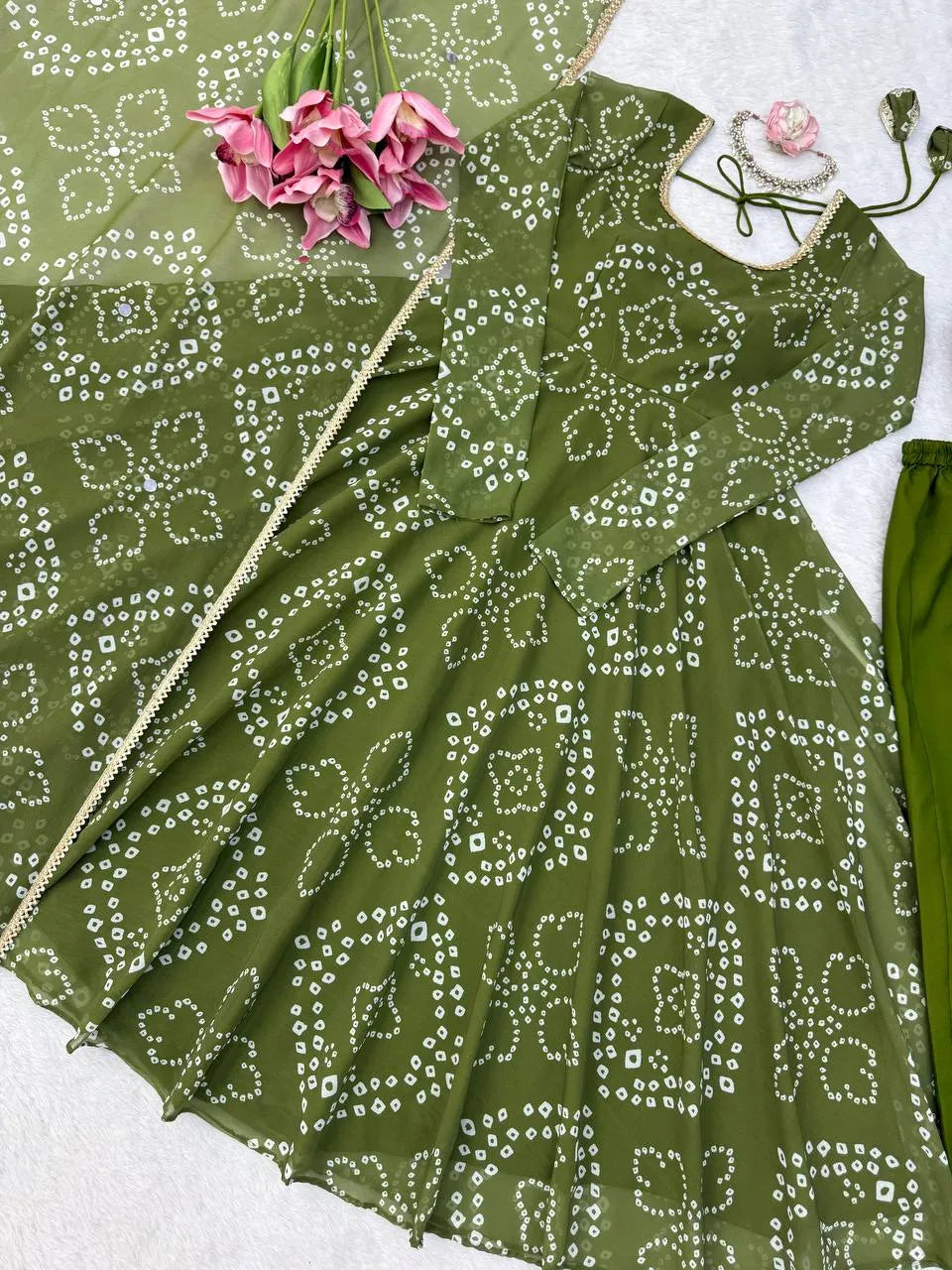 olive green lace anarkali