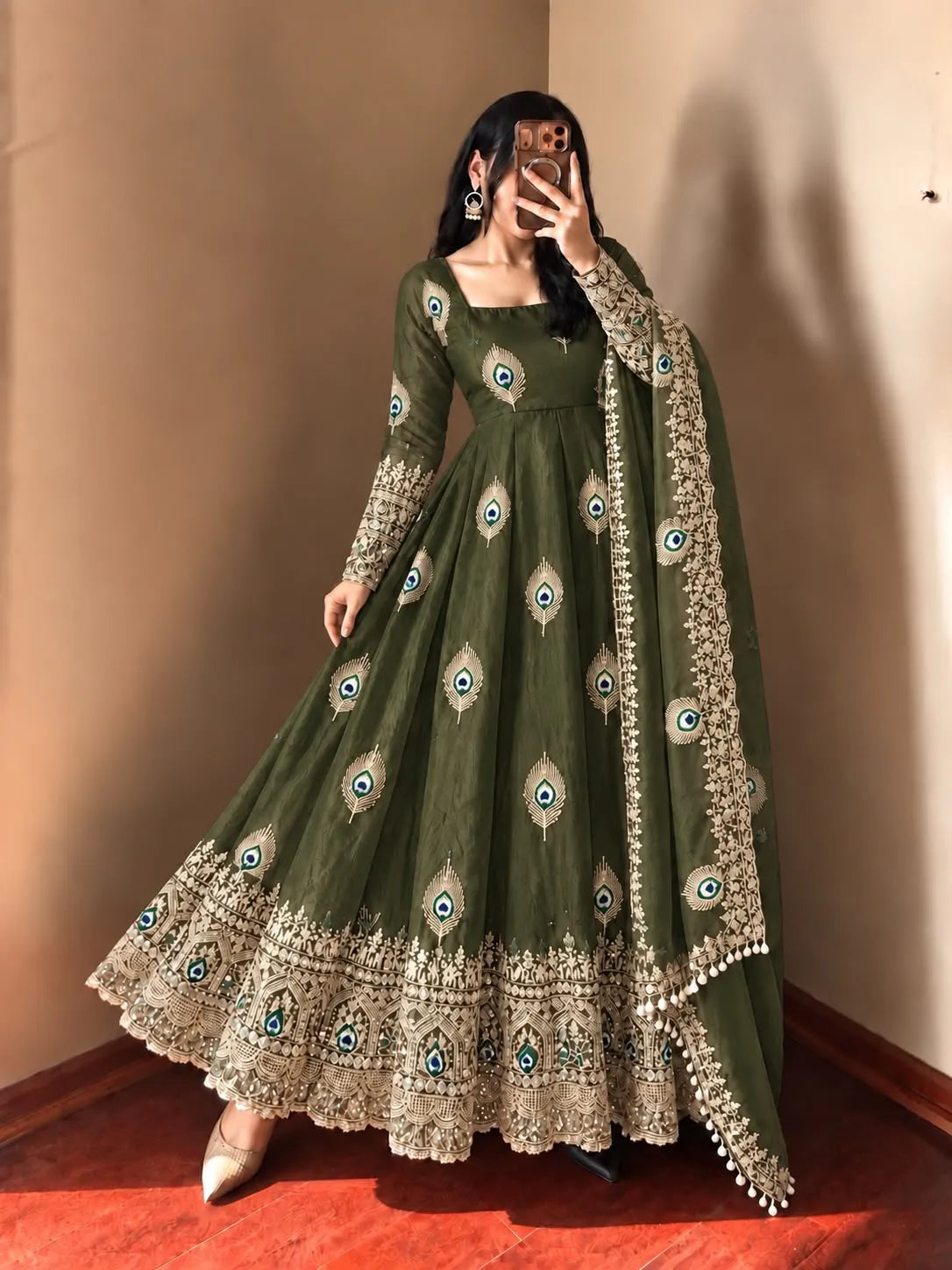olive green peacock anarkali