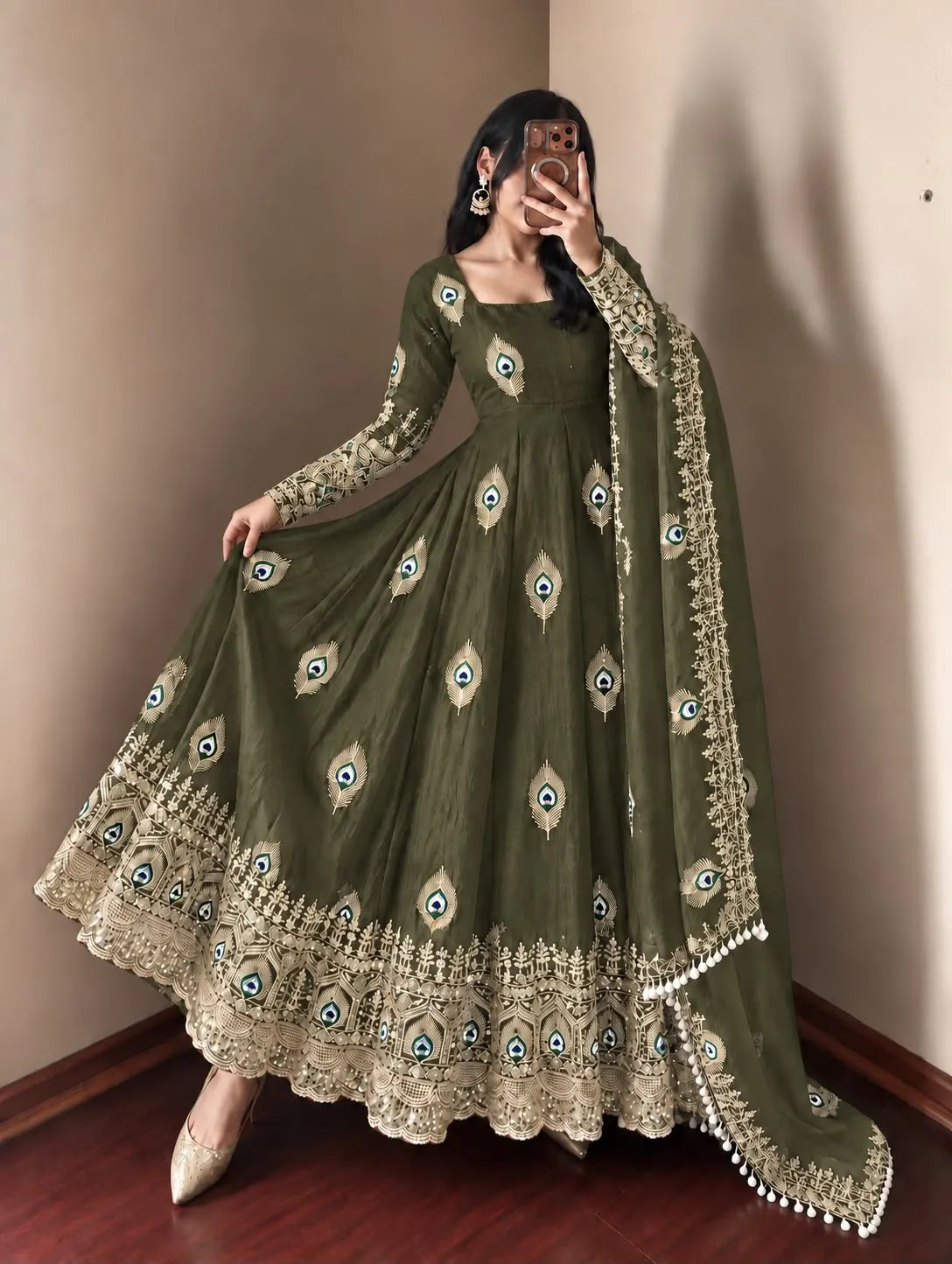 olive green peacock suit