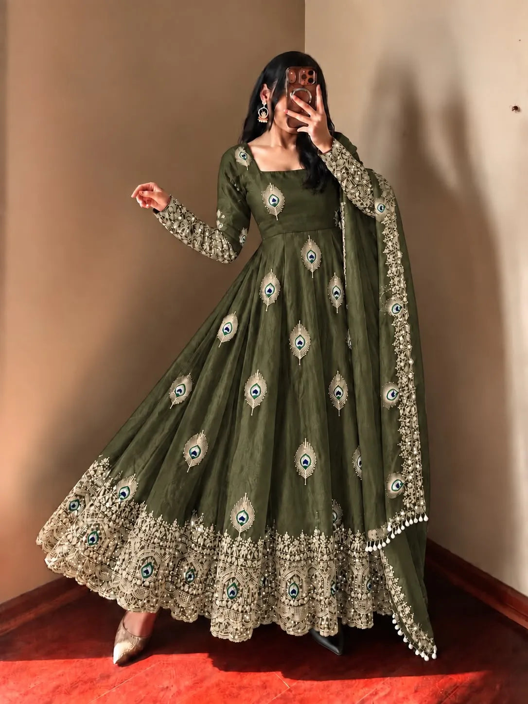 olive green silk anarkali