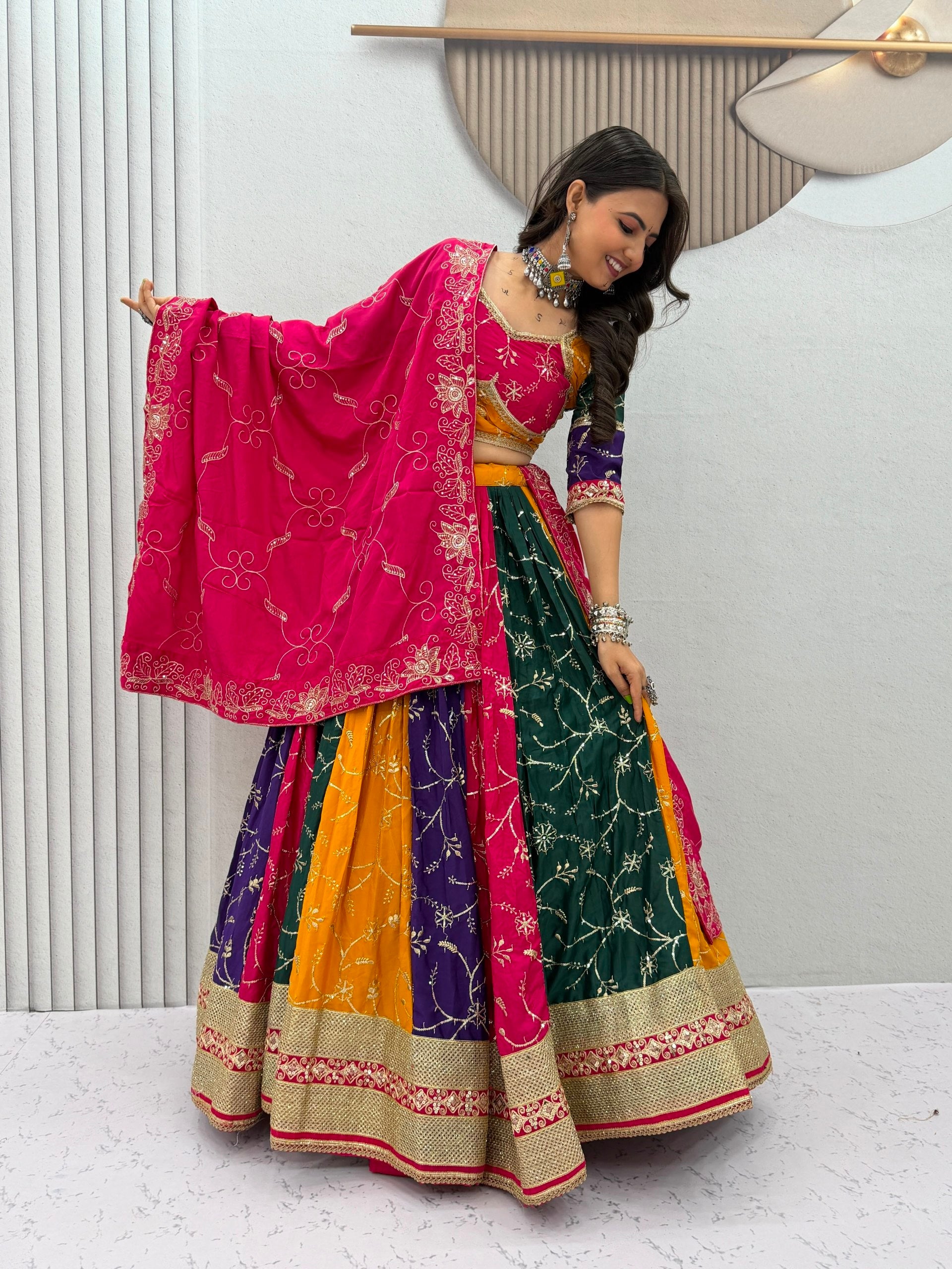 Women's Multicolor Navratri Lehenga Choli with Heavy Embroidered Dupatta | Designer Garba Dress
