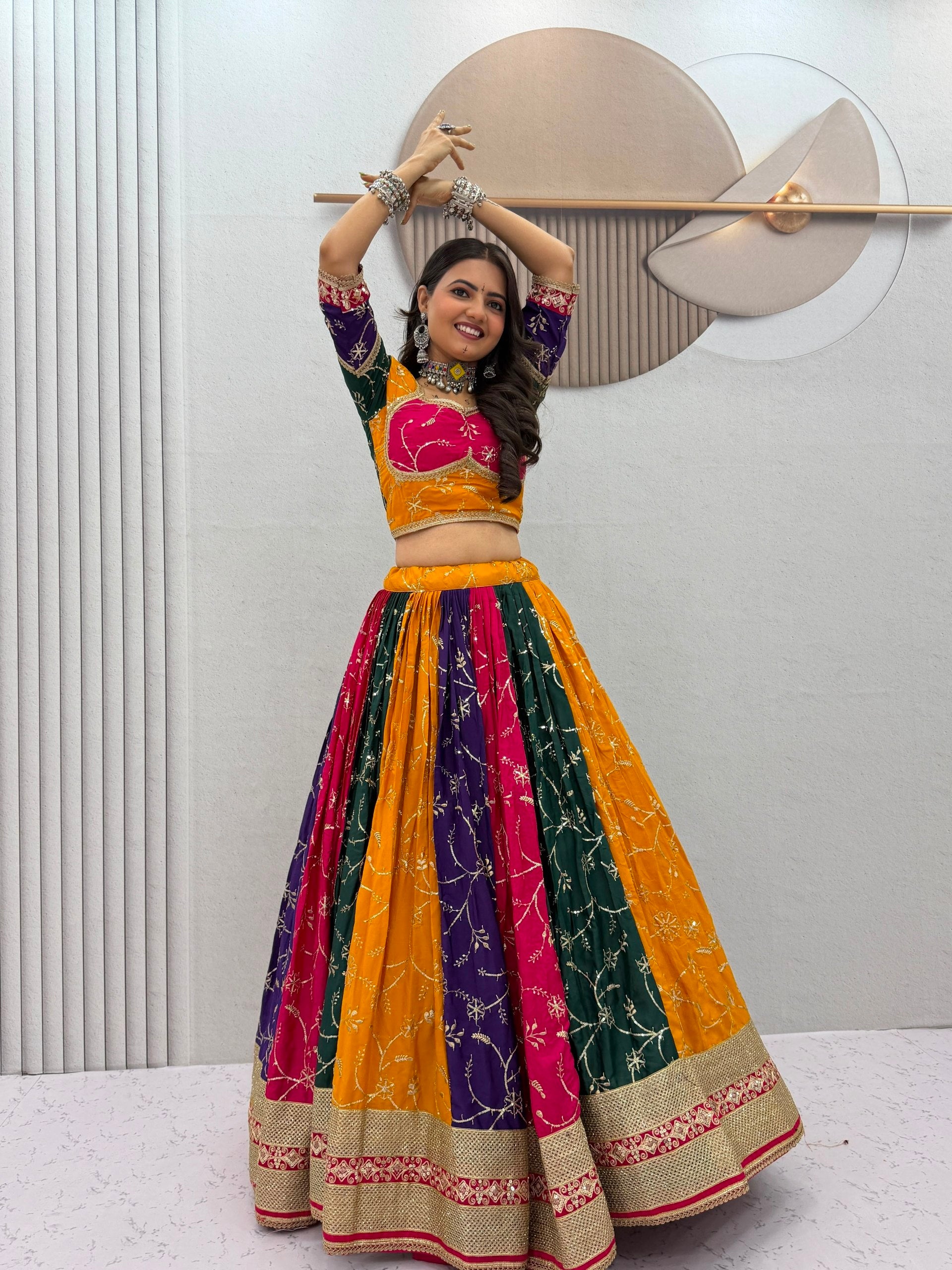 Women's Multicolor Navratri Lehenga Choli with Heavy Embroidered Dupatta | Designer Garba Dress