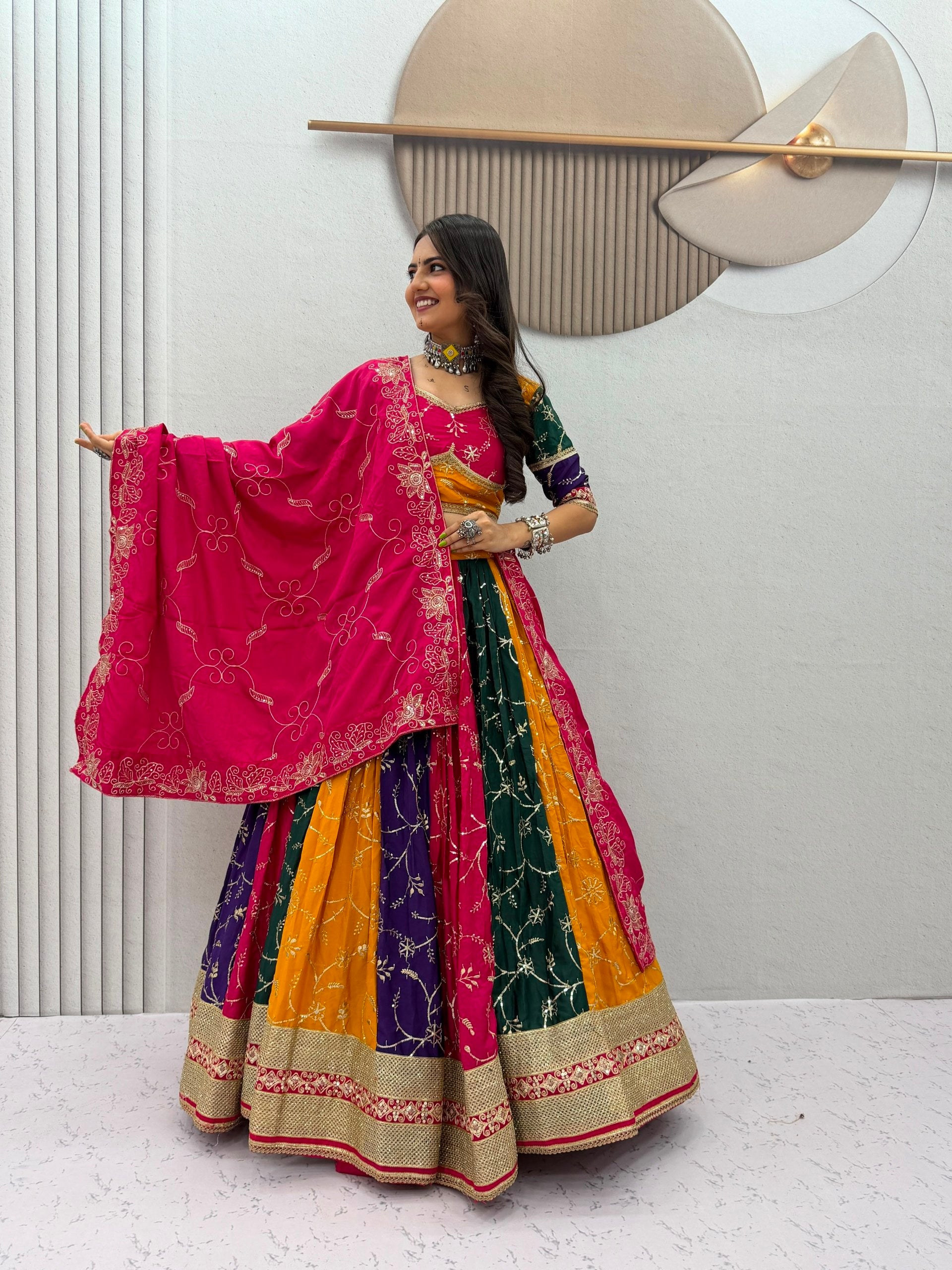 Women's Multicolor Navratri Lehenga Choli with Heavy Embroidered Dupatta | Designer Garba Dress