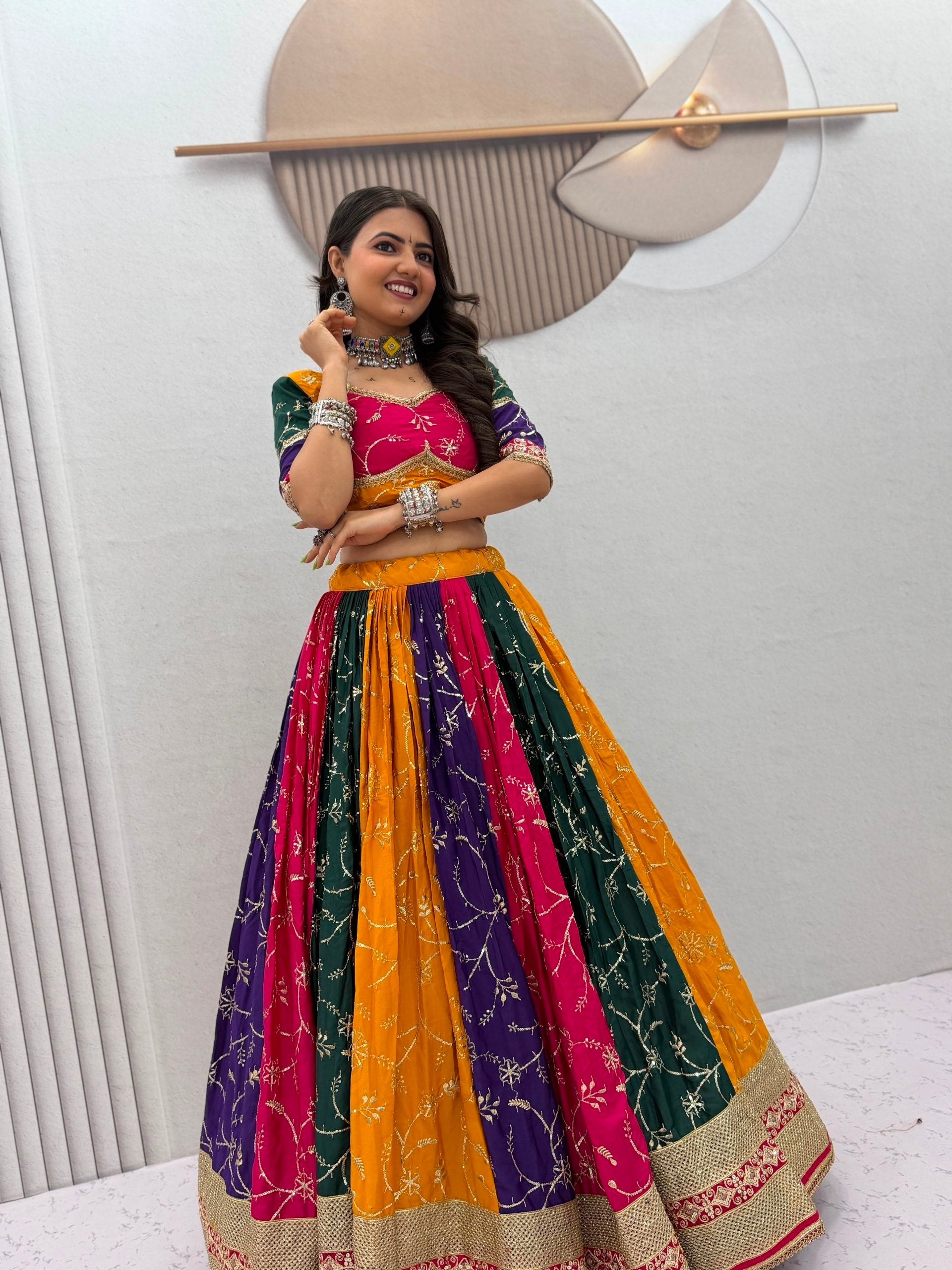 Women's Multicolor Navratri Lehenga Choli with Heavy Embroidered Dupatta | Designer Garba Dress