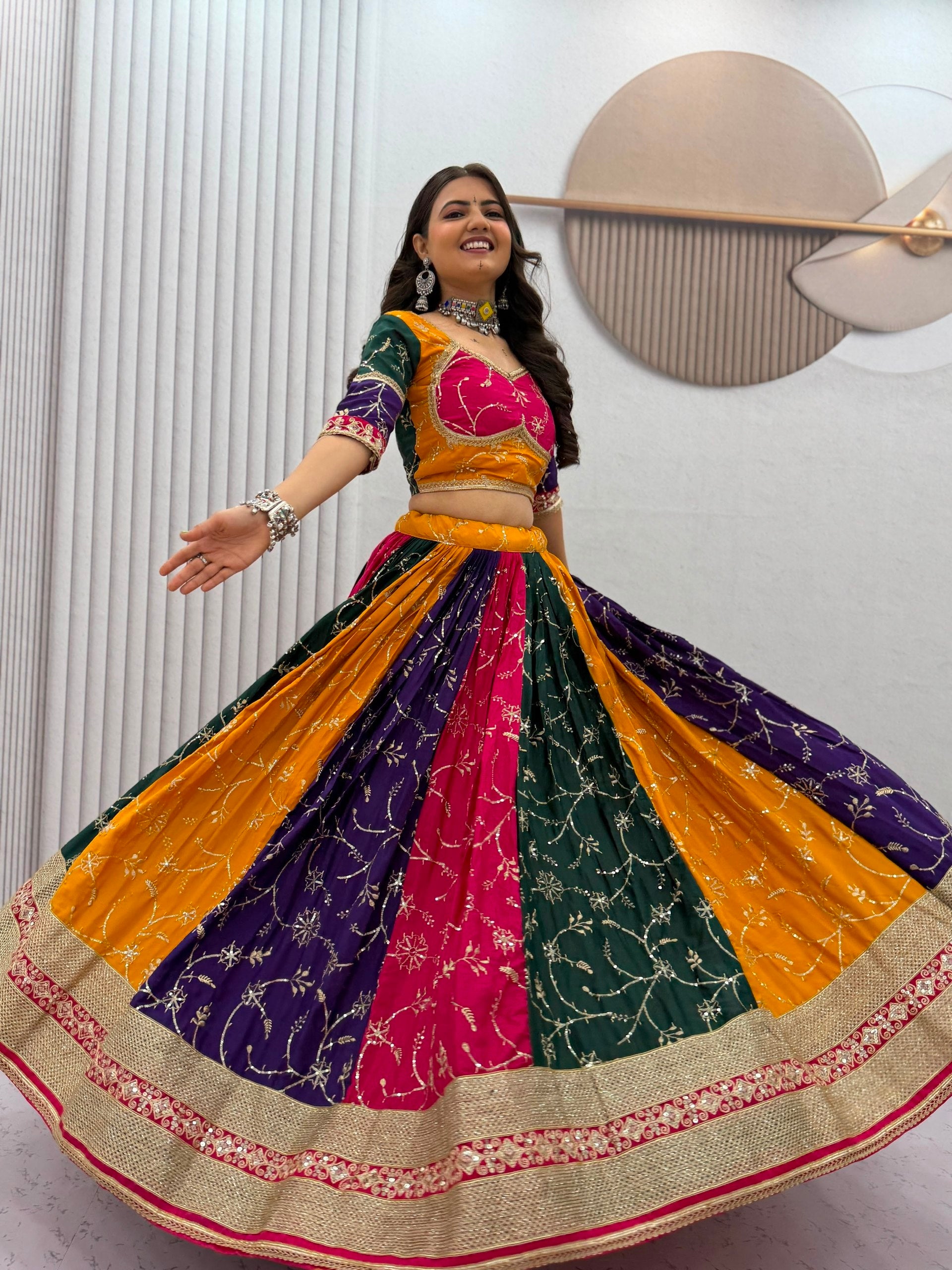 Women's Multicolor Navratri Lehenga Choli with Heavy Embroidered Dupatta | Designer Garba Dress