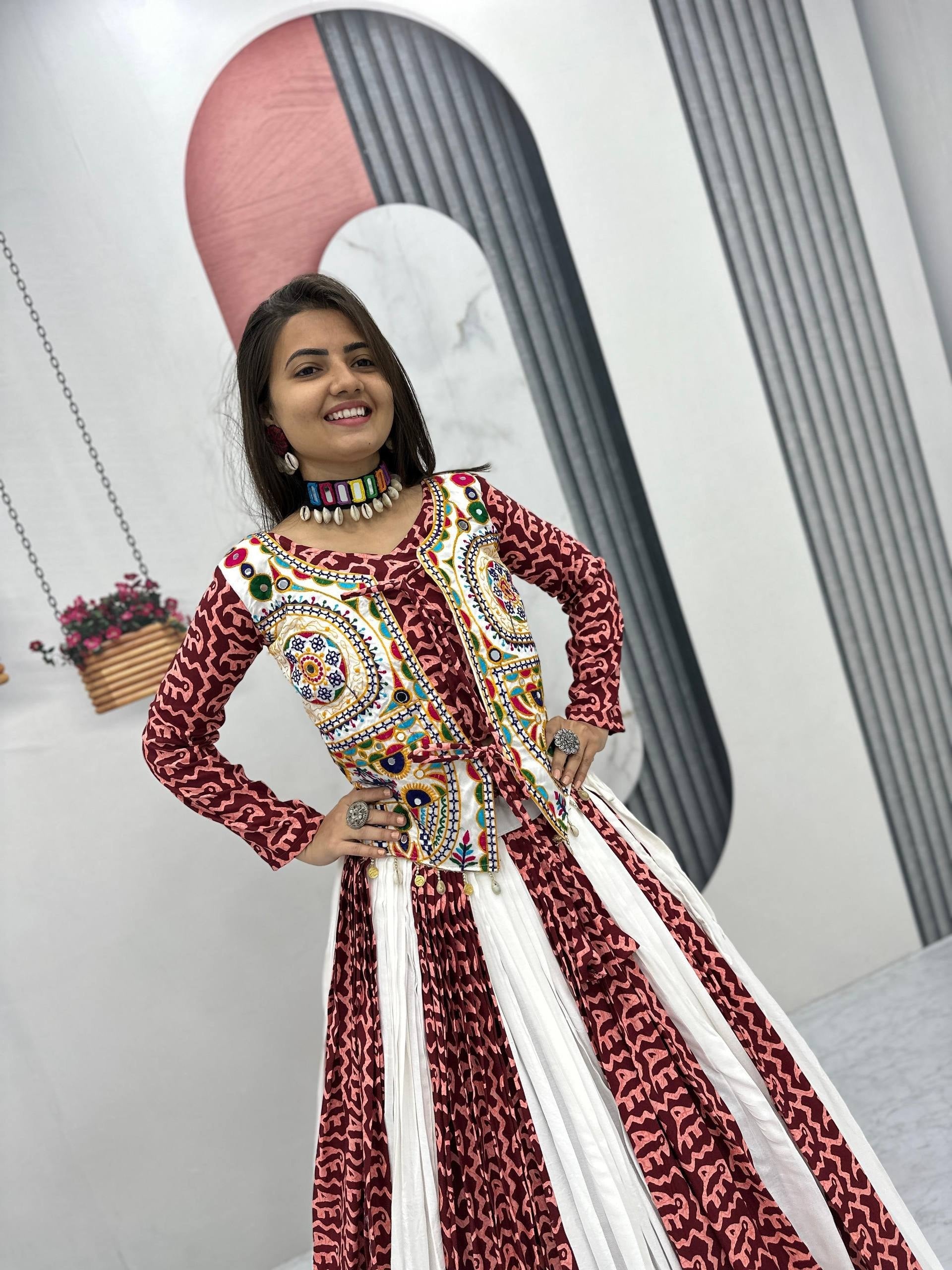 Women's Maroon & White Navratri Lehenga Choli with Embroidered Kutch Work Jacket | Traditional Garba Dress