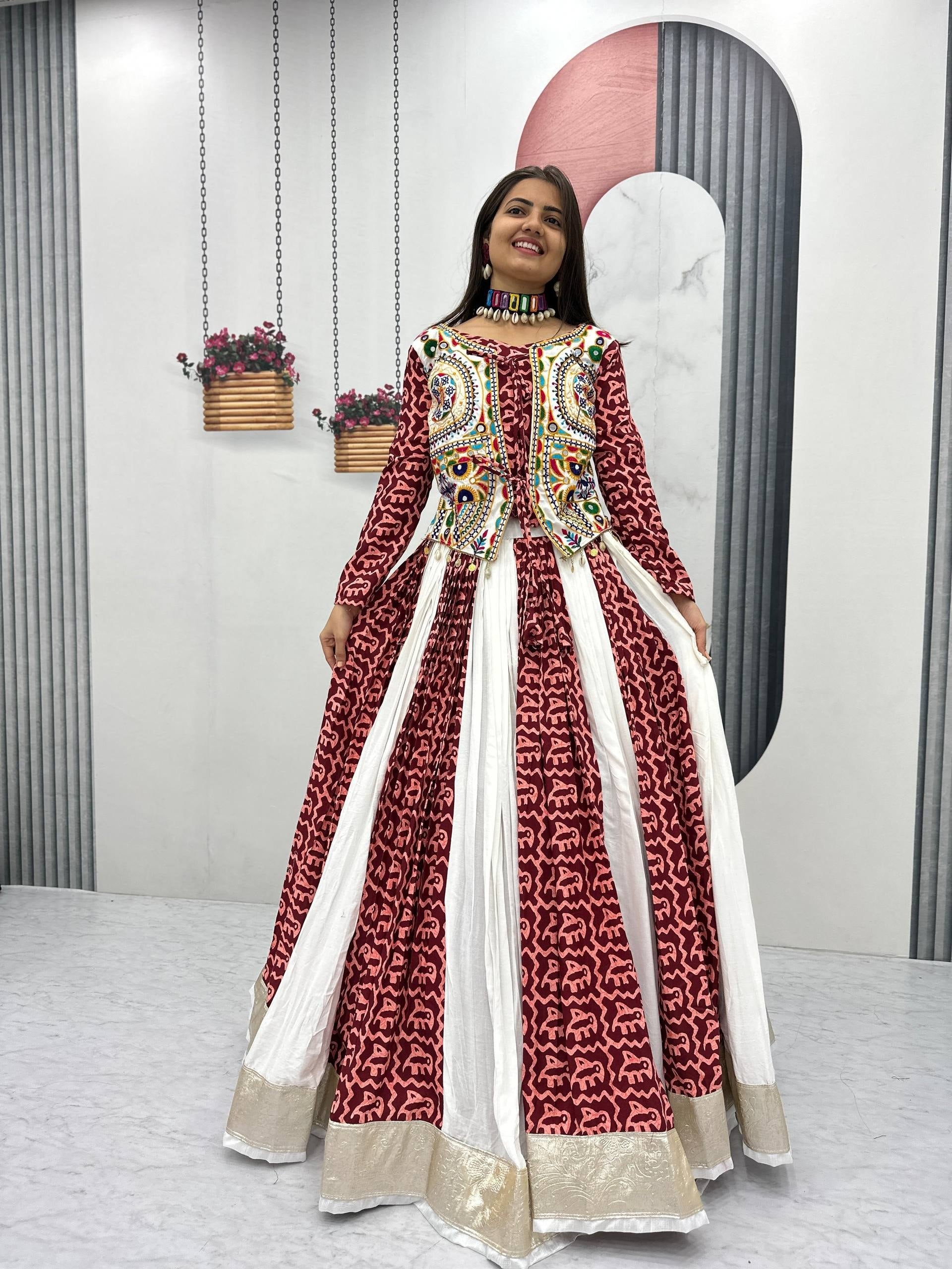 Women's Maroon & White Navratri Lehenga Choli with Embroidered Kutch Work Jacket | Traditional Garba Dress