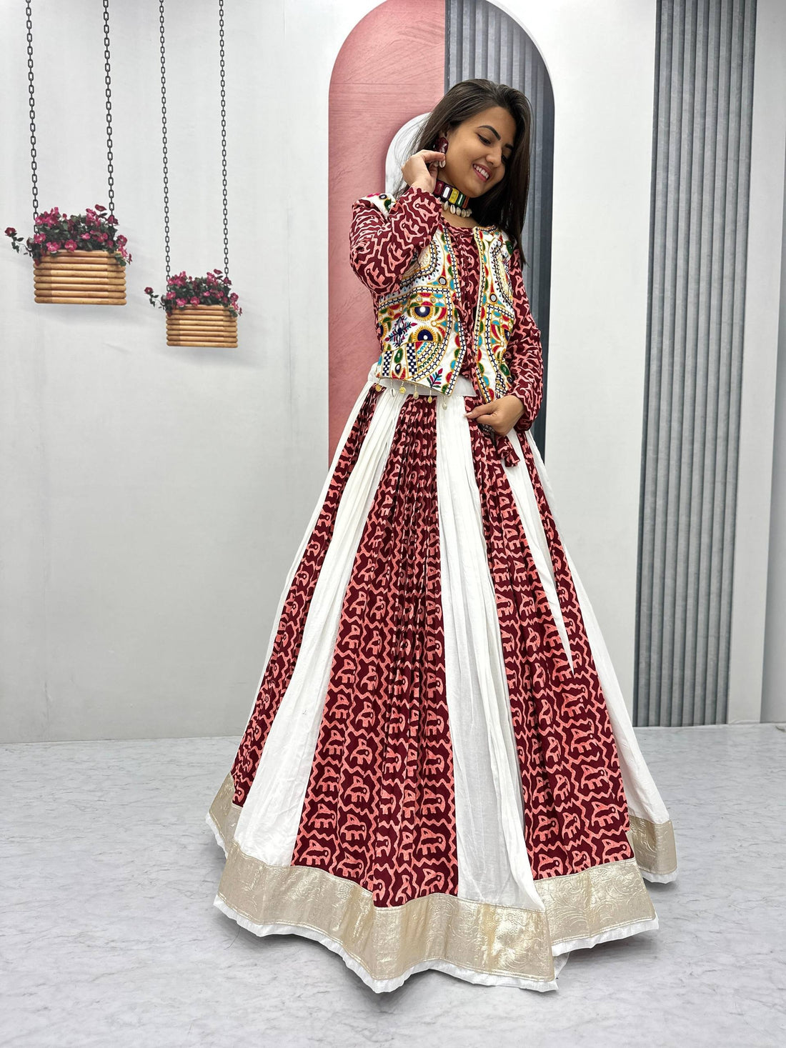 Women's Maroon & White Navratri Lehenga Choli with Embroidered Kutch Work Jacket | Traditional Garba Dress