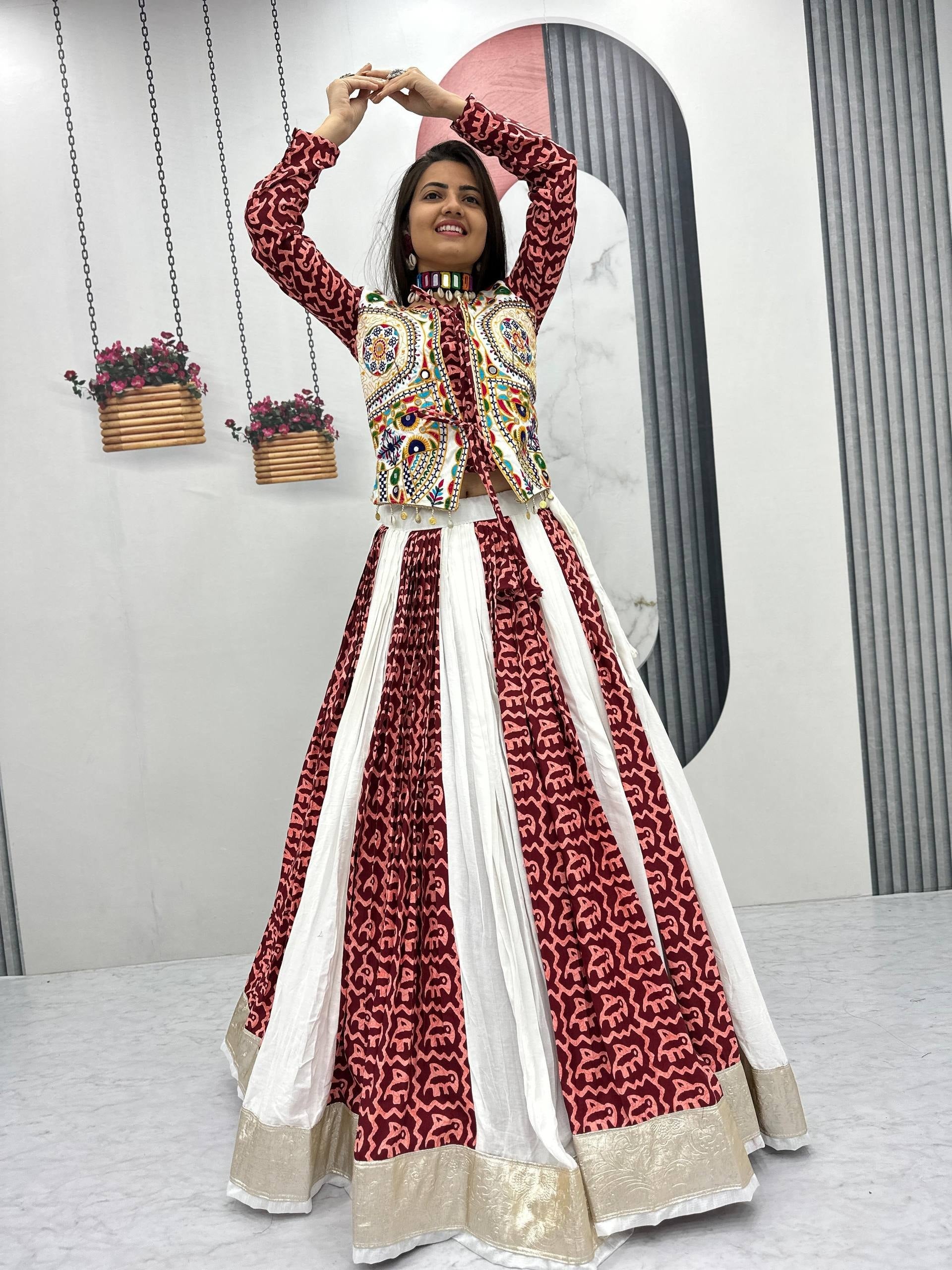 Women's Maroon & White Navratri Lehenga Choli with Embroidered Kutch Work Jacket | Traditional Garba Dress