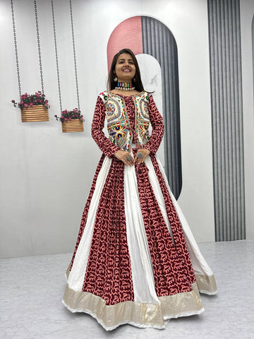 Women's Maroon & White Navratri Lehenga Choli with Embroidered Kutch Work Jacket | Traditional Garba Dress