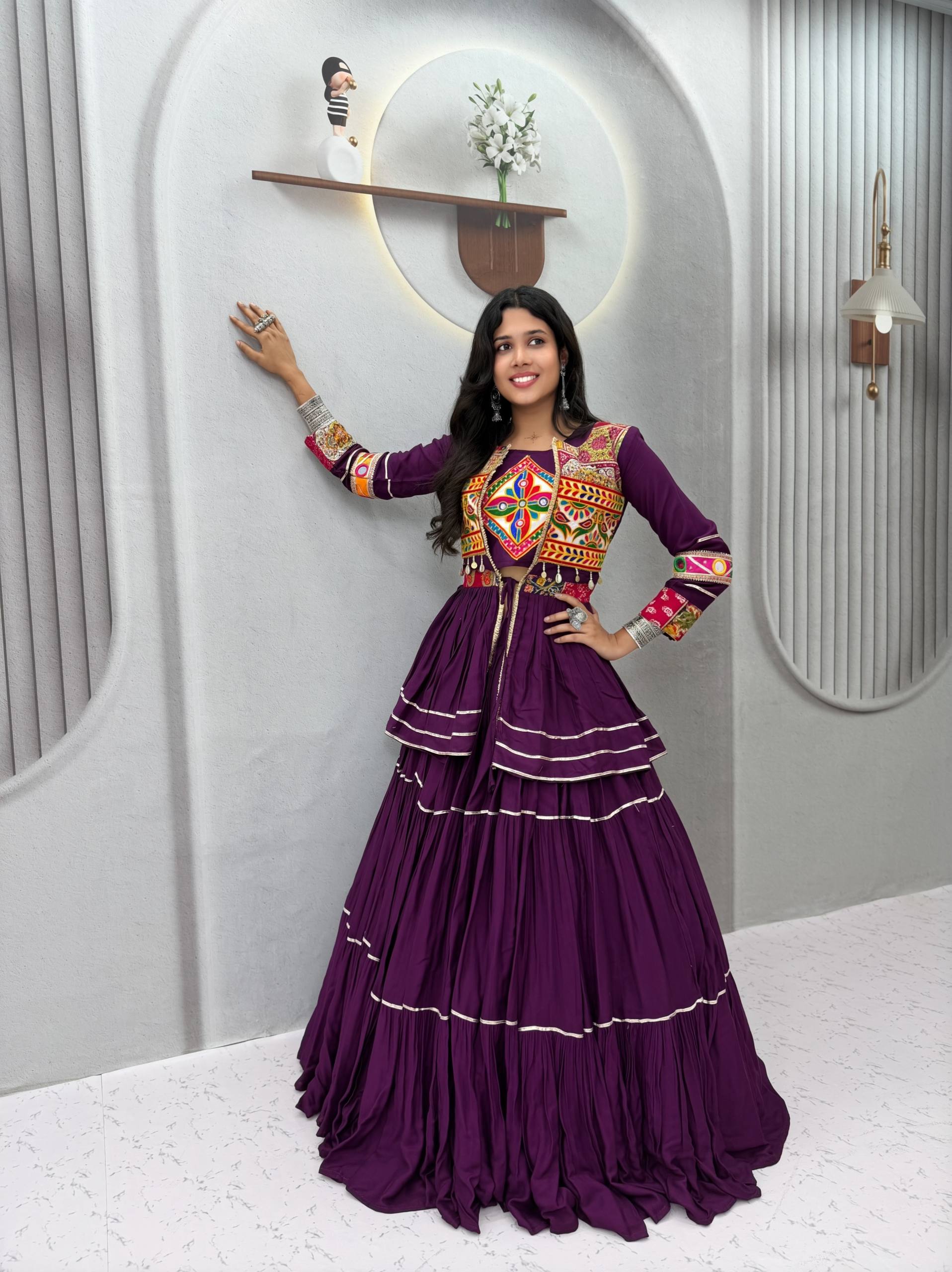 Purple Navratri Lehenga Choli with Gamathi Work | 6 Meter Flair