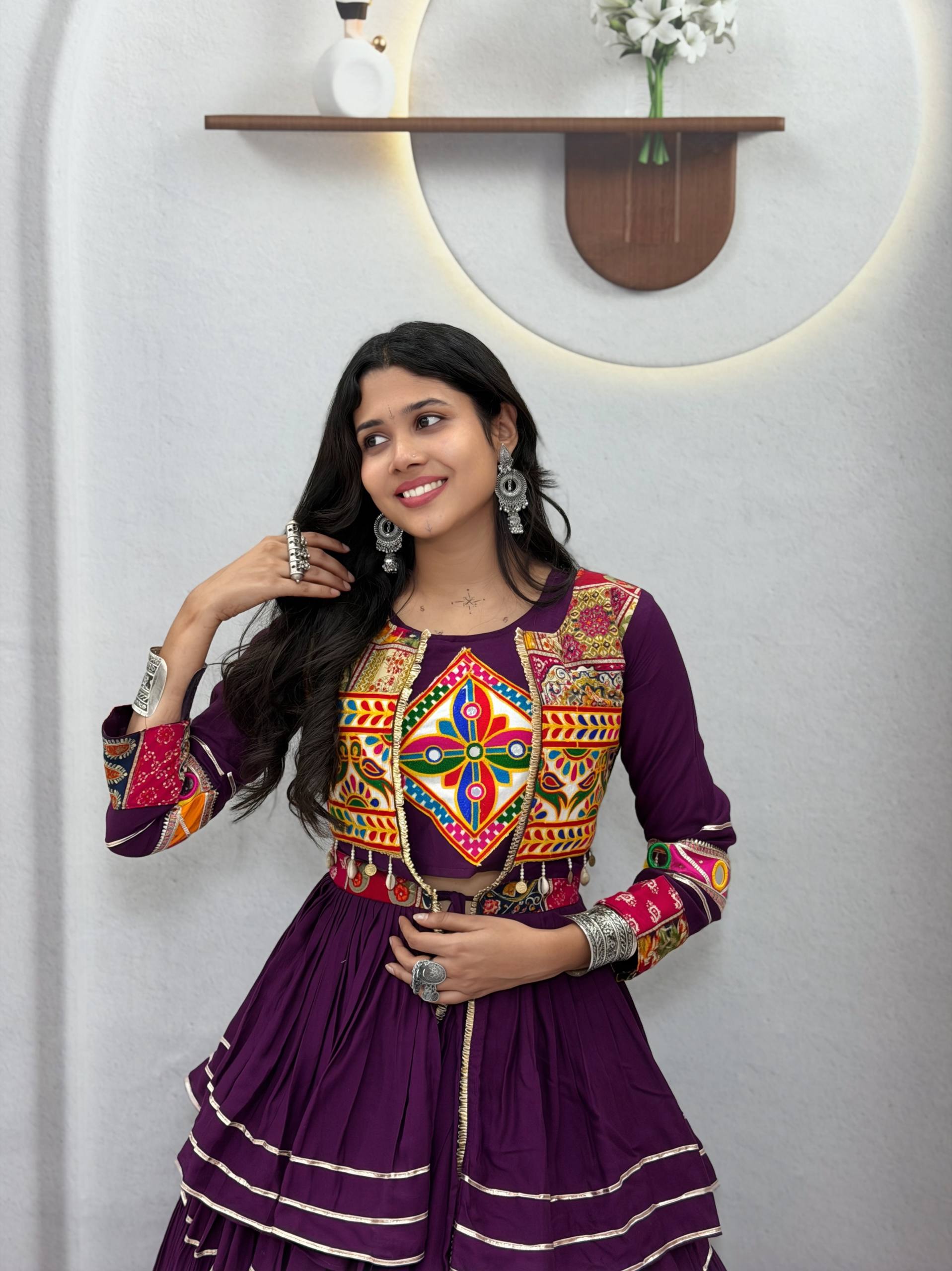 Purple Navratri Lehenga Choli with Gamathi Work | 6 Meter Flair