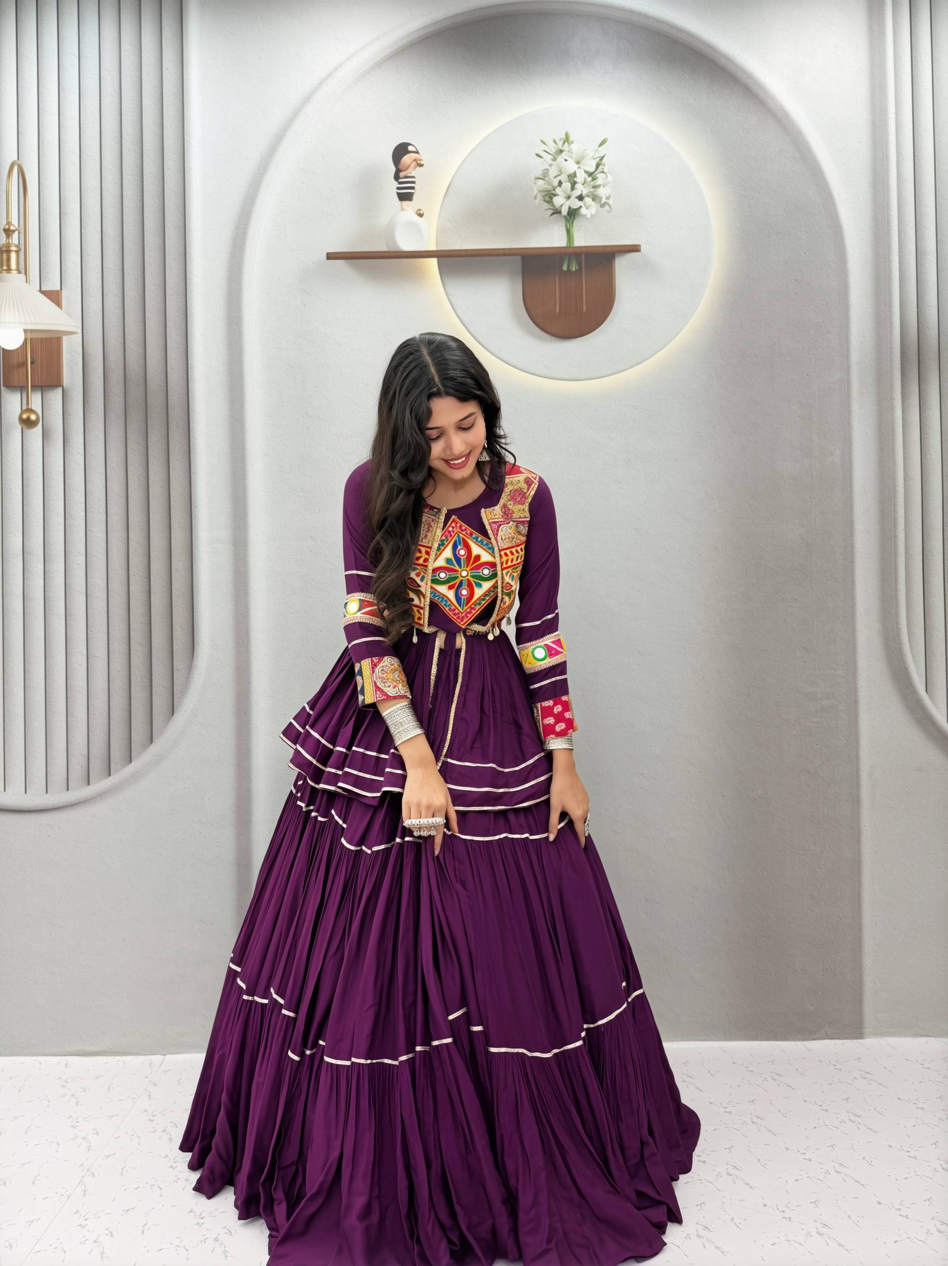 Purple Navratri Lehenga Choli with Gamathi Work | 6 Meter Flair