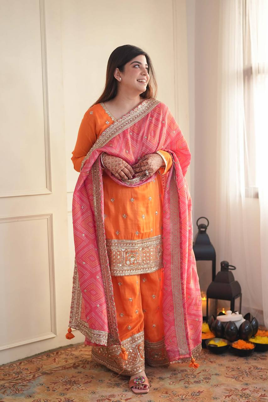 Designer Orange Embroidered Kurta Set with Pink Dupatta | Women's Festive & Party Wear