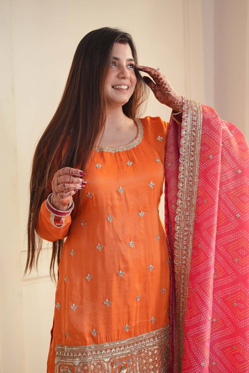 Designer Orange Embroidered Kurta Set with Pink Dupatta | Women's Festive & Party Wear